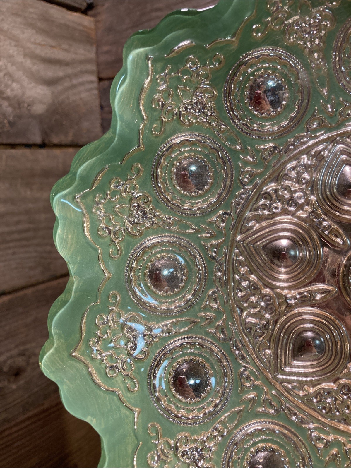 Vintage Glass Bowl With Teal Green & Silver, EFE GLASS 9” Turkish