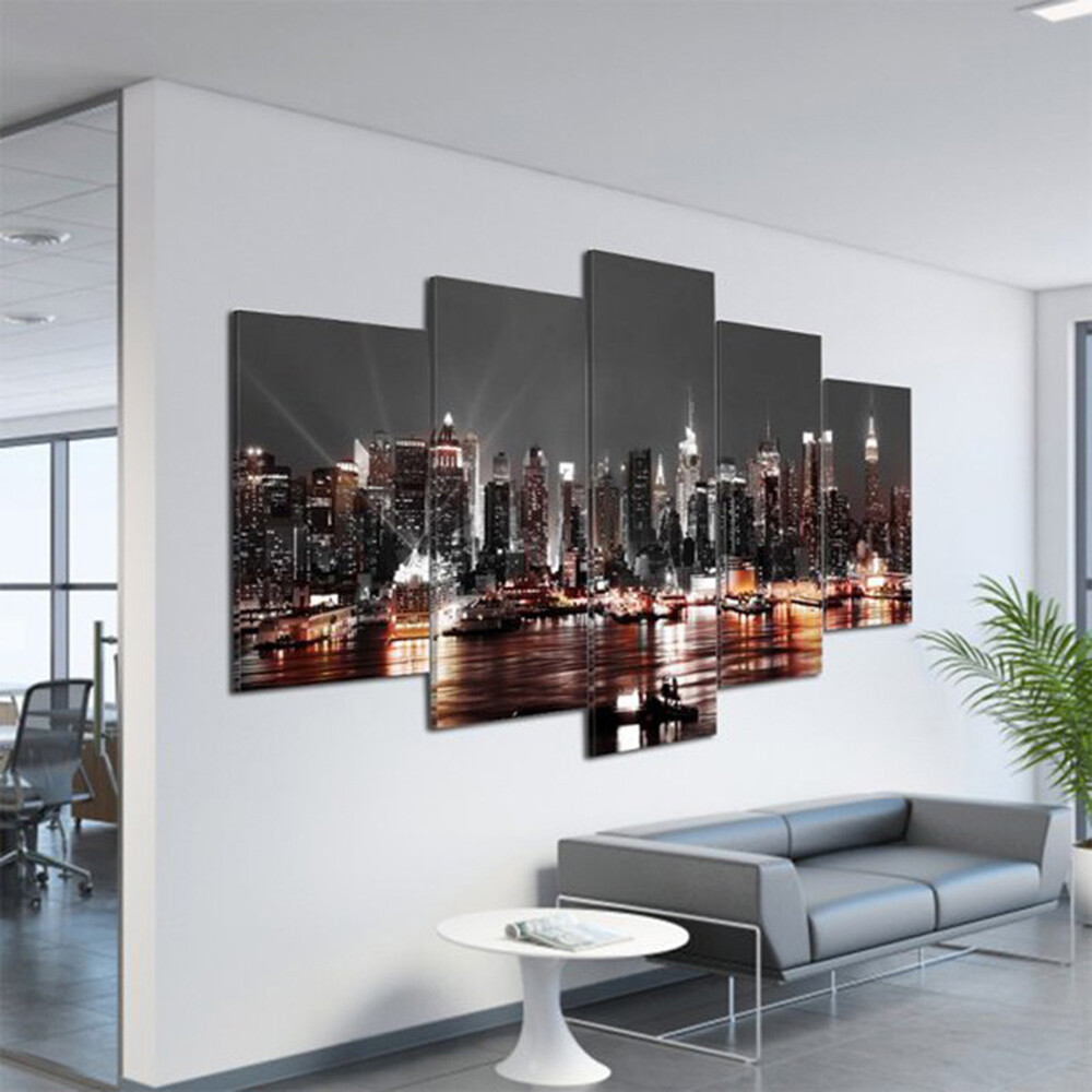 5 Pieces Canvas Wall Art Poster Print Modern City Night Painting Home Decor