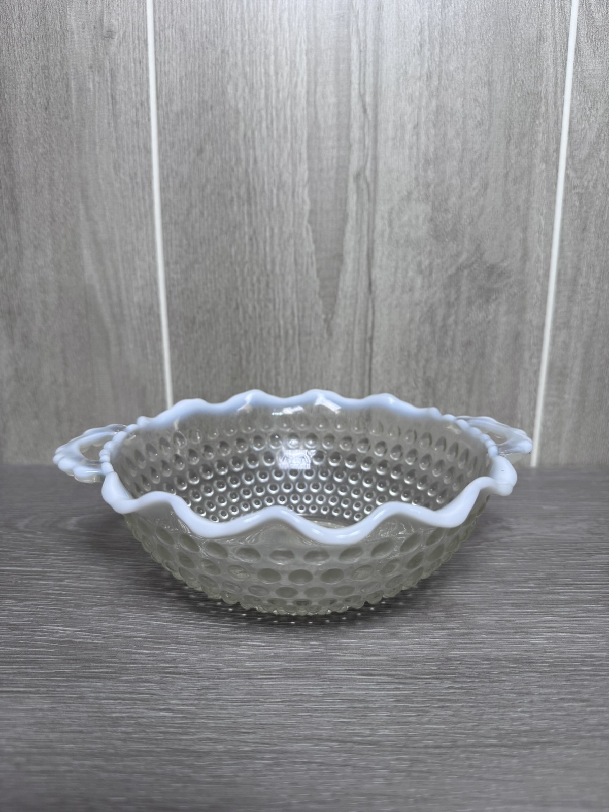 Vintage Clear Opalescent Hobnail Ruffled Edge Glass Bowl Dish with Handles