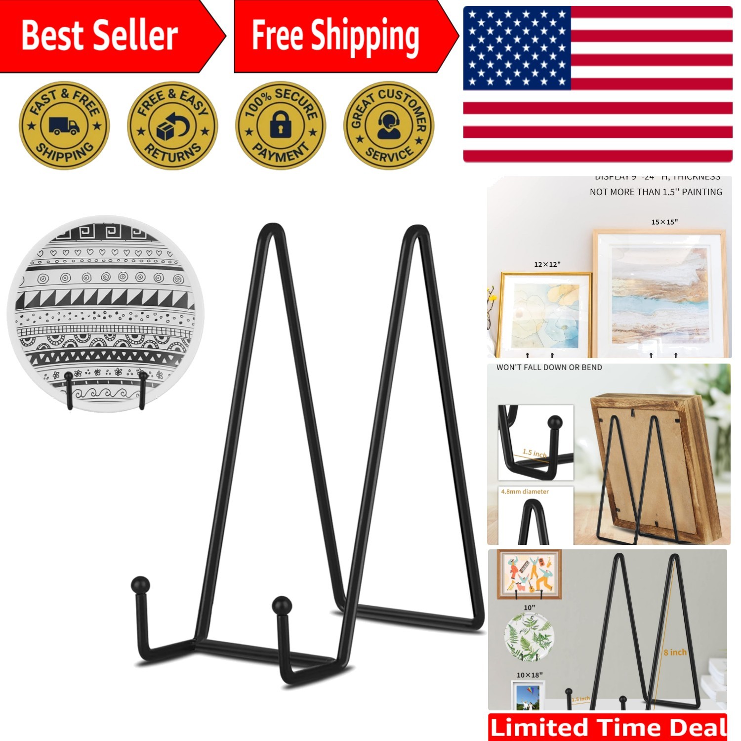 Elegant 3-Pack 8-Inch Black Metal Plate Holder Stands for Versatile Displays