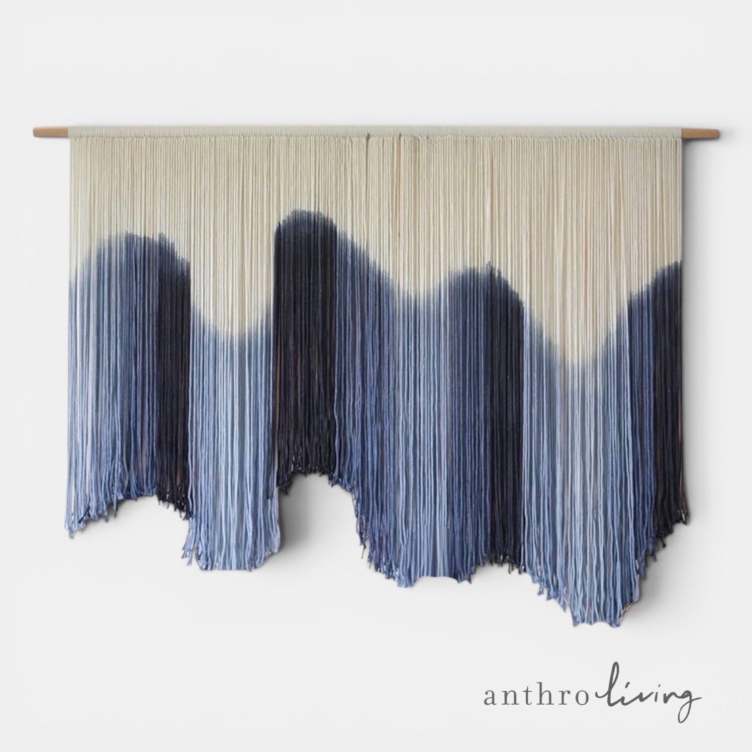 NEW Anthropologie XL Blue Dip Dyed Boho Tapestry Macrame Wall Hanging Art 57×40