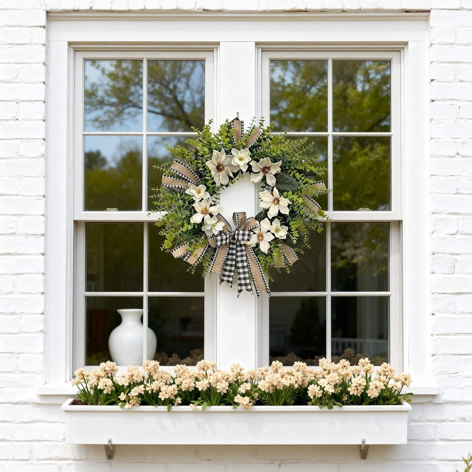 24 Inch Magnolia Wreath Farmhouse Door Decor Greenery Buffalo Plaid Bow