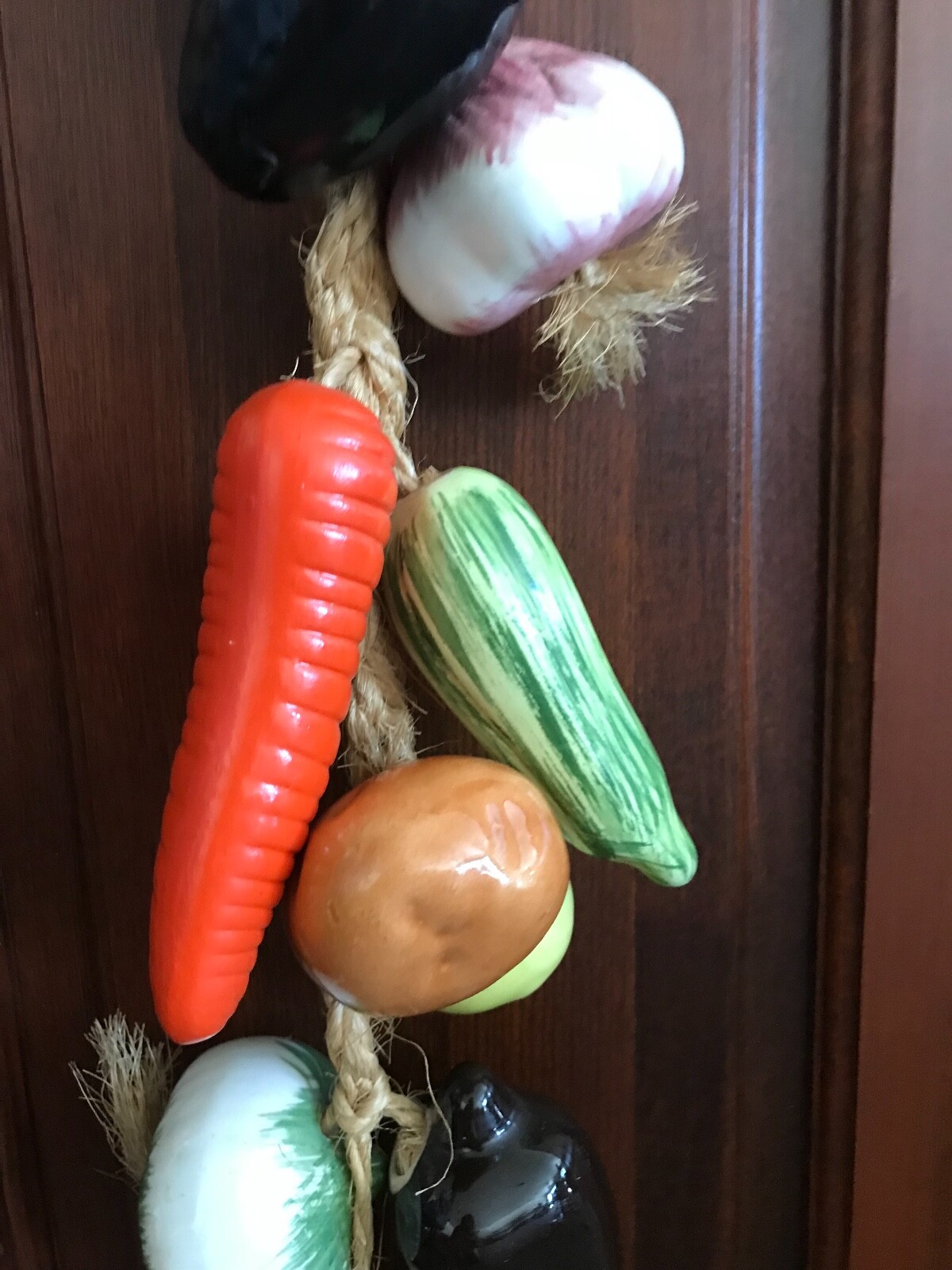 Assorted Multi-Color Ceramic Hanging Vegetables in a Braided Rope Home Decor