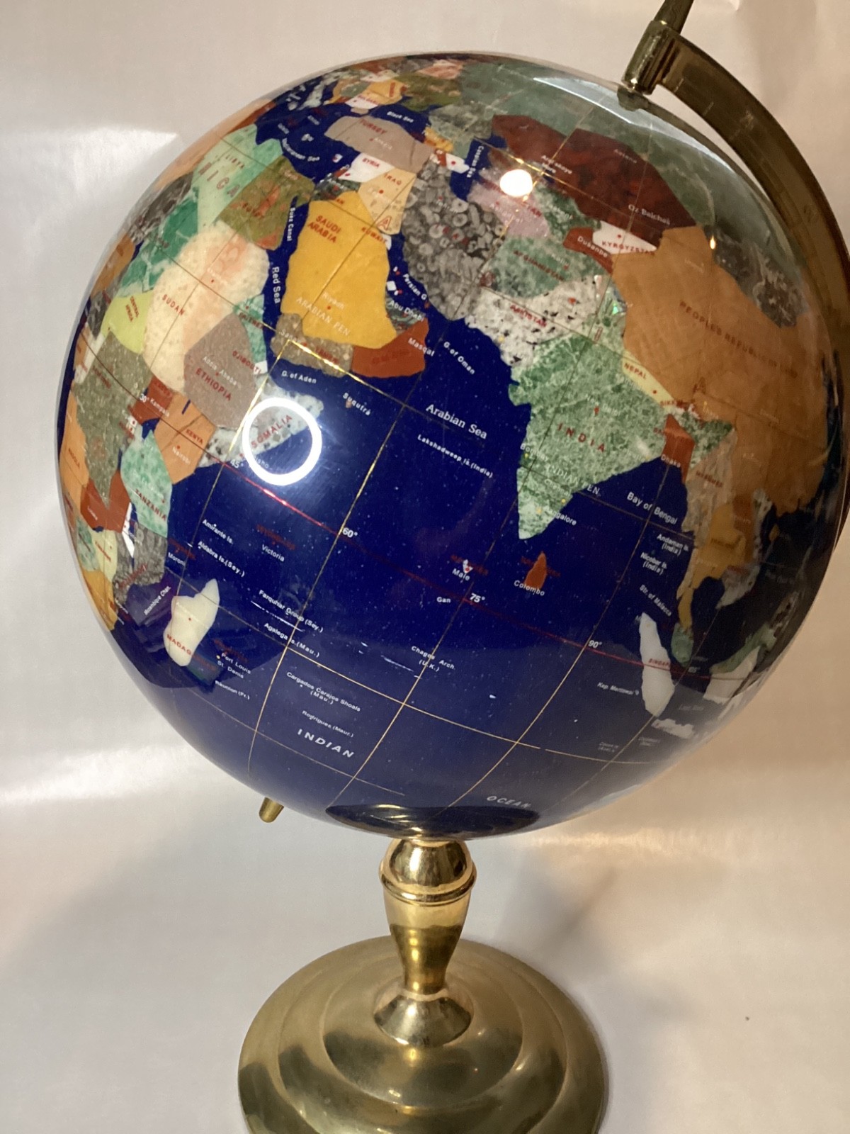 Beautiful Large 22″ Tall Blue Lapis Gemstone World Globe On Polished Brass Stand