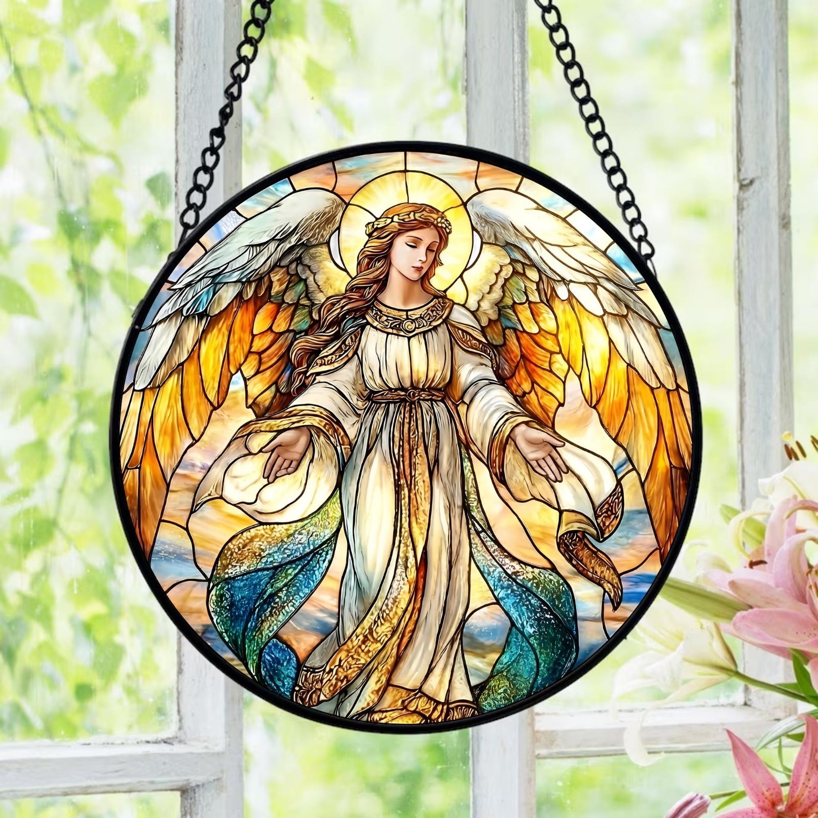 Guardian Angel Suncatcher, Stained Glass Style Print, Christian Home Decor