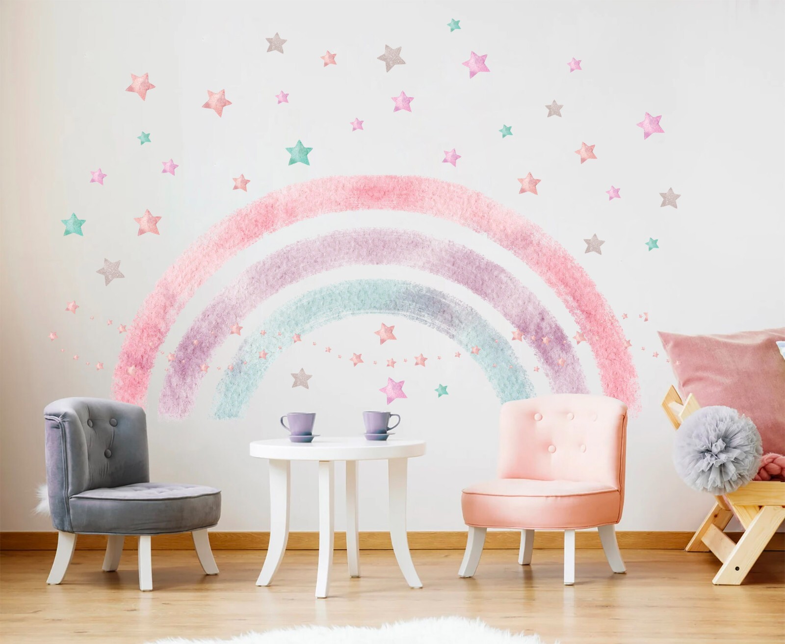 Rainbow Star over Bed Removable Wall Fabric Decal Set Sticker Girl Room Decor