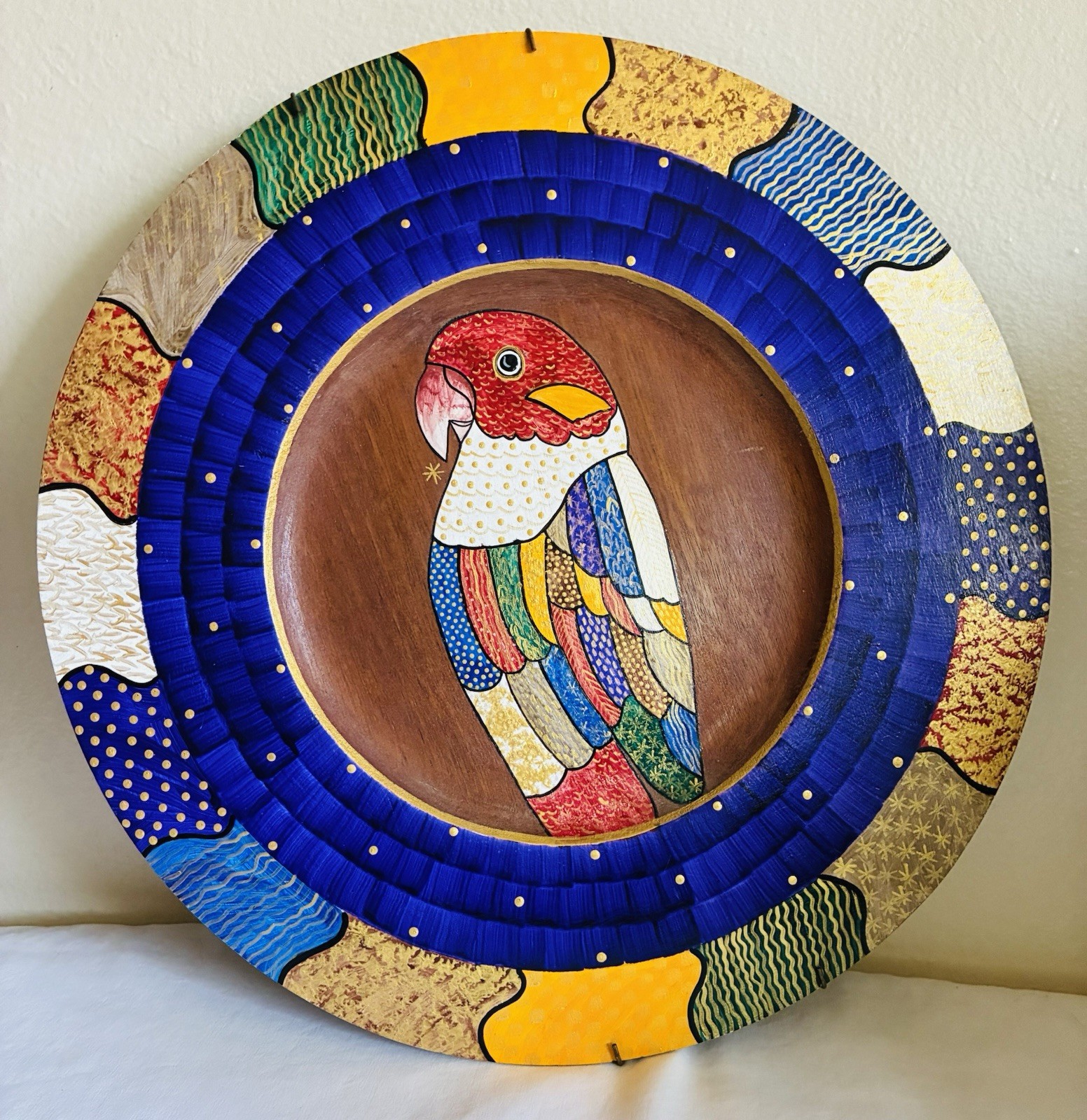 Signed Bibi Leon Hand Crafted Painted Parrot Mahogany Wood Charger 14″Plate Tray