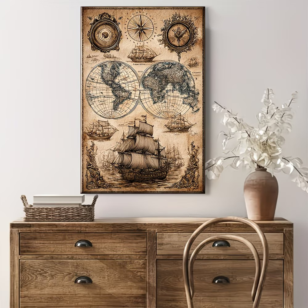 Nautical Map Wall Art Sailing Vessel Poster Antique Style Print Decor Noframe