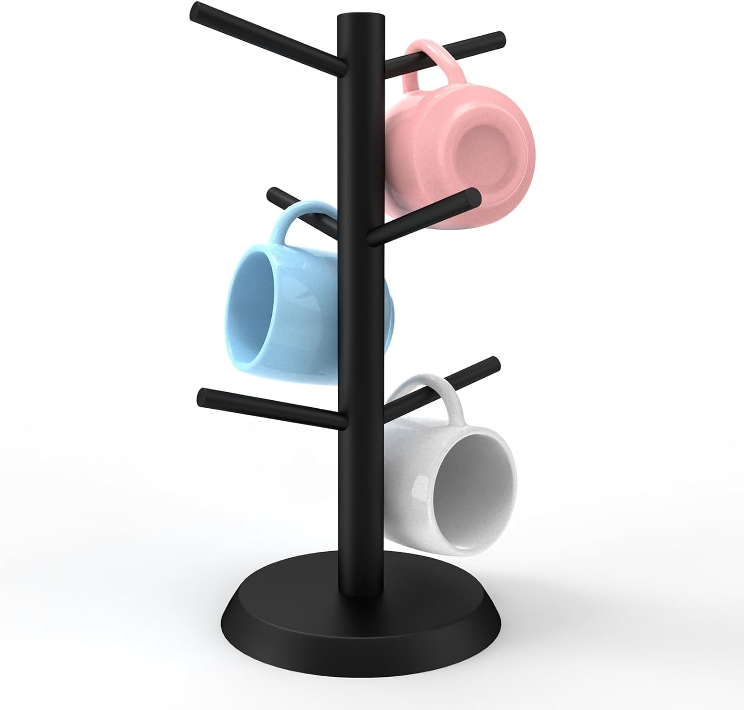 Black Coffee Mug Holder, Non-Slip Cup Tree With 6 Hooks for Counter, Rack
