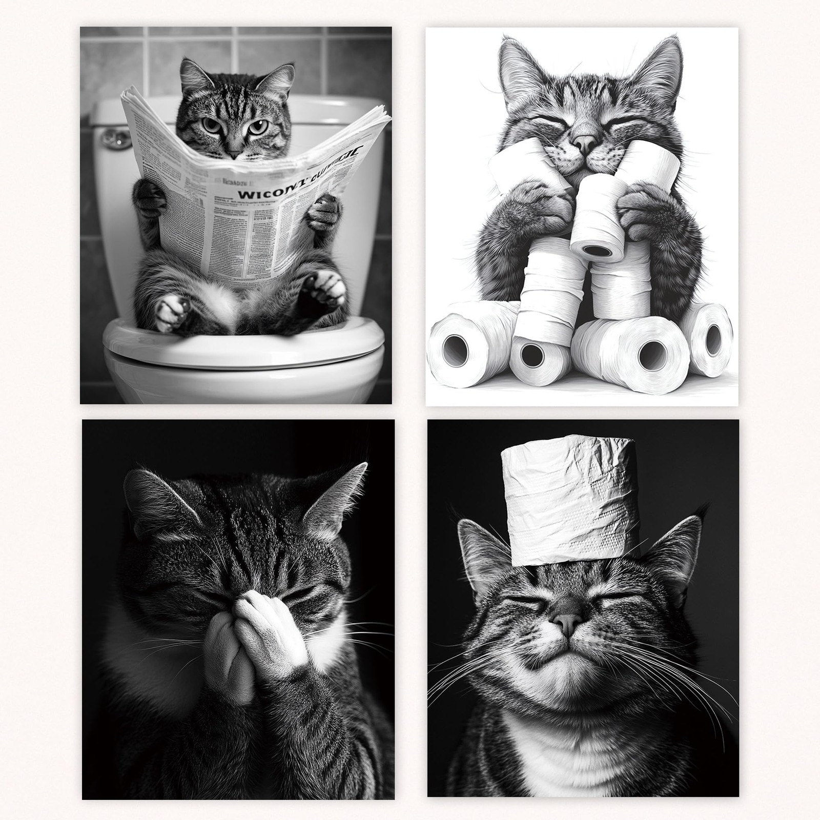 Funny Cat Bathroom Wall Art Prints Poster Set of 4, Funny Bathroom Decor, Cut…