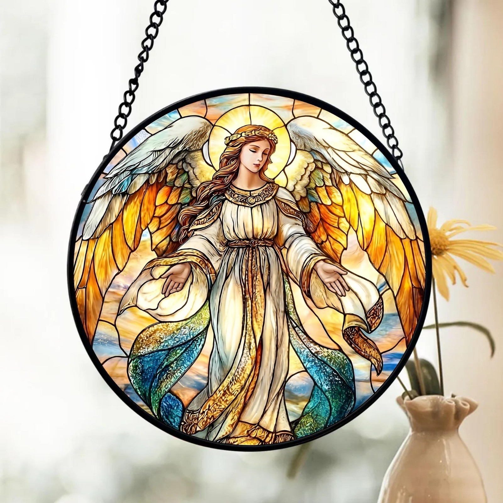 Guardian Angel Suncatcher, Stained Glass Style Print, Christian Home Decor