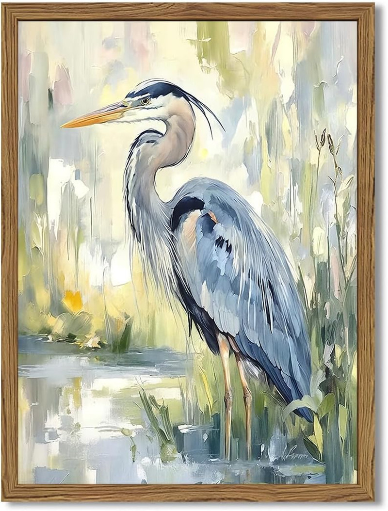 Framed Blue Heron Wall Art, Watercolor Sea Bird Pictures Wall Decor, 16X24 Inch