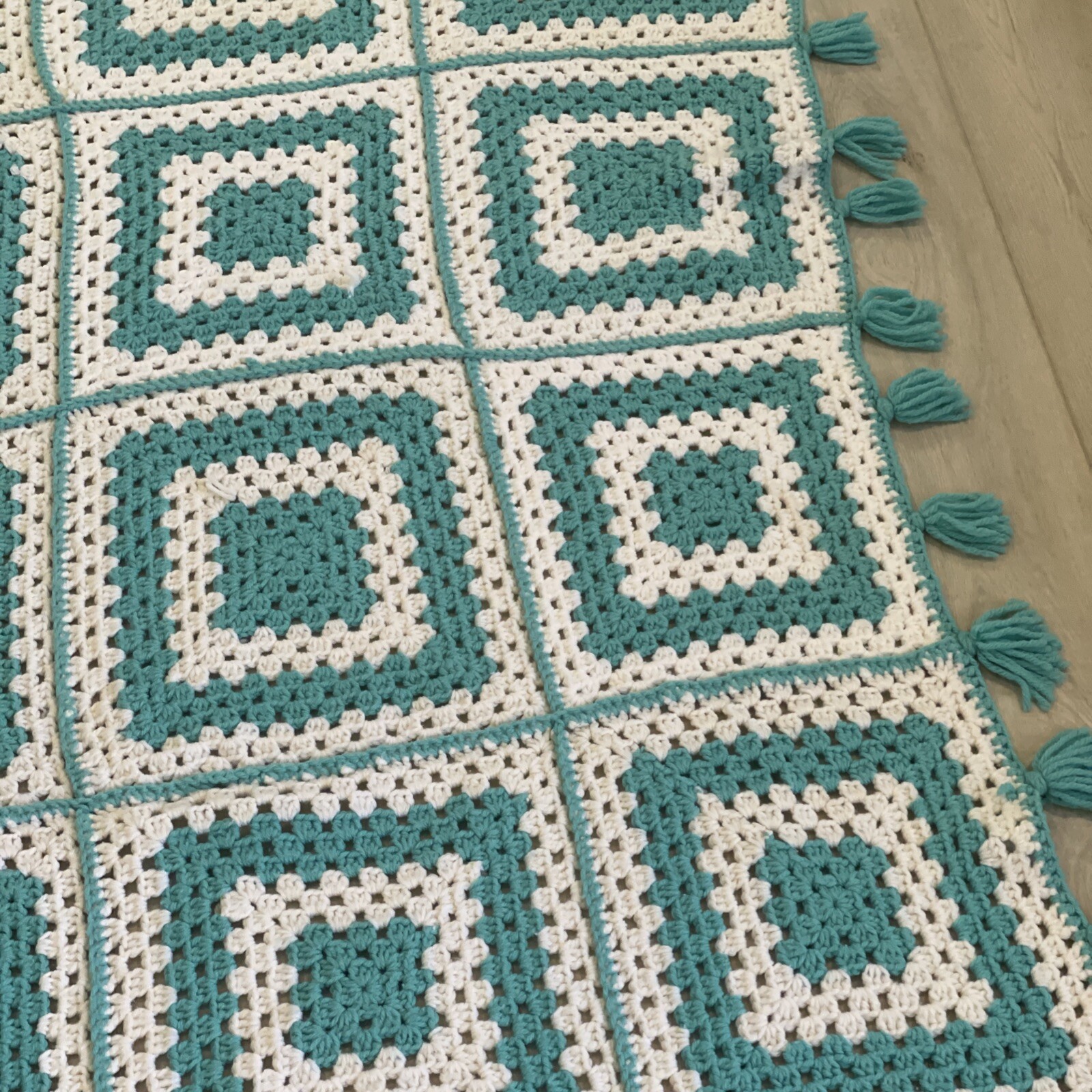Vintage Blue & White Granny Square Crocheted Afghan Throw Blanket 72×43
