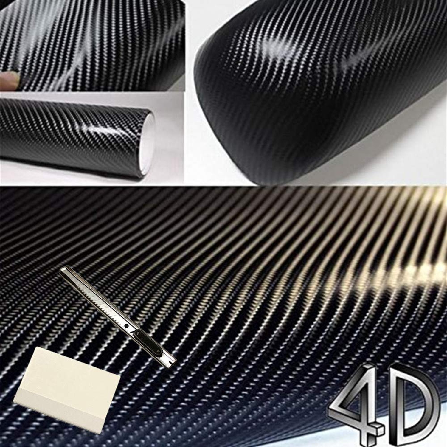 4D Black Carbon Fiber Vinyl Wrap Sticker Air Release Free Anti-Wrinkle with T…