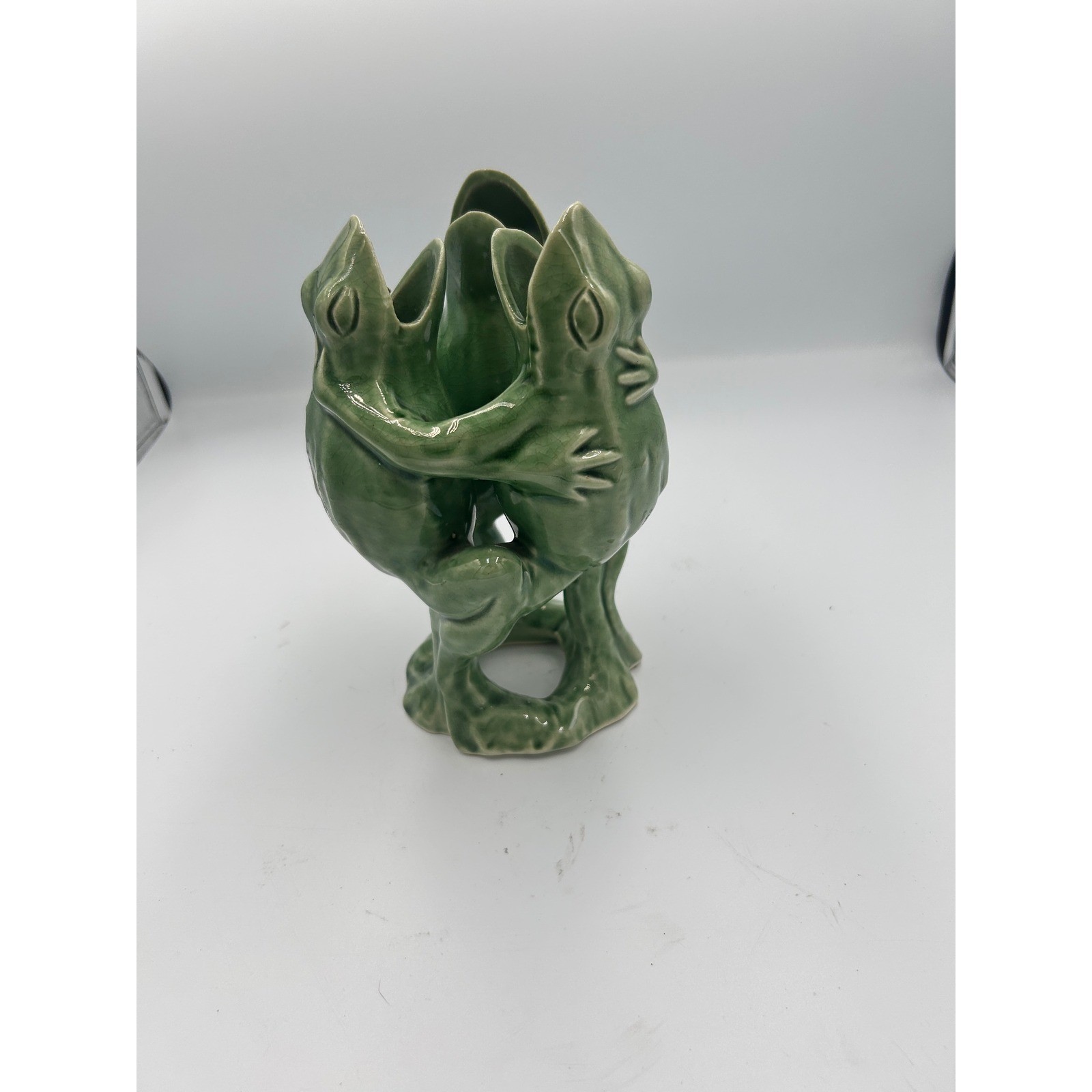 Vintage Green Crackle Glaze Ceramic Three Frogs Bud Vase Figurine