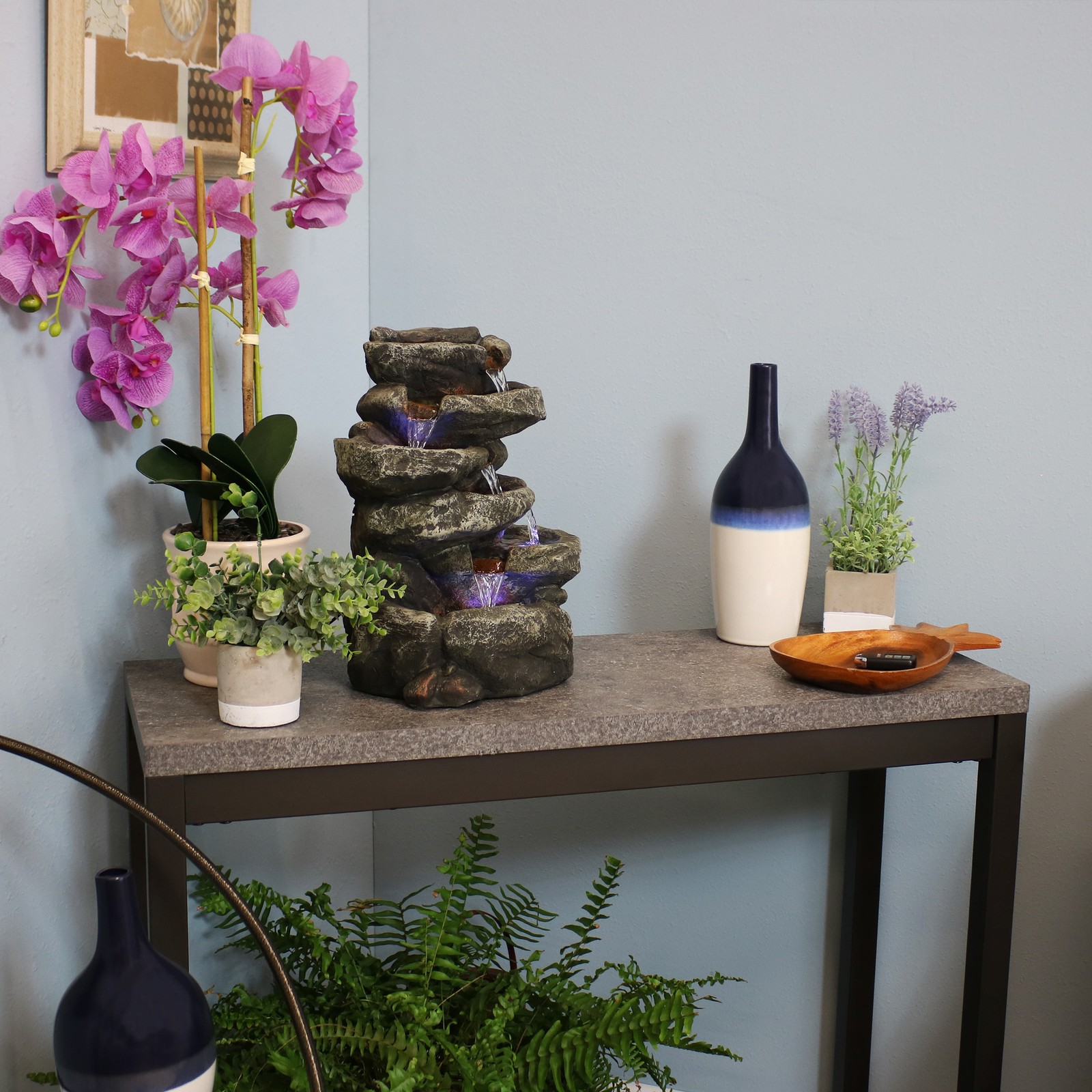 Stone Falls Polyresin 6-Tier Indoor Fountain with LED – 15 in by Sunnydaze