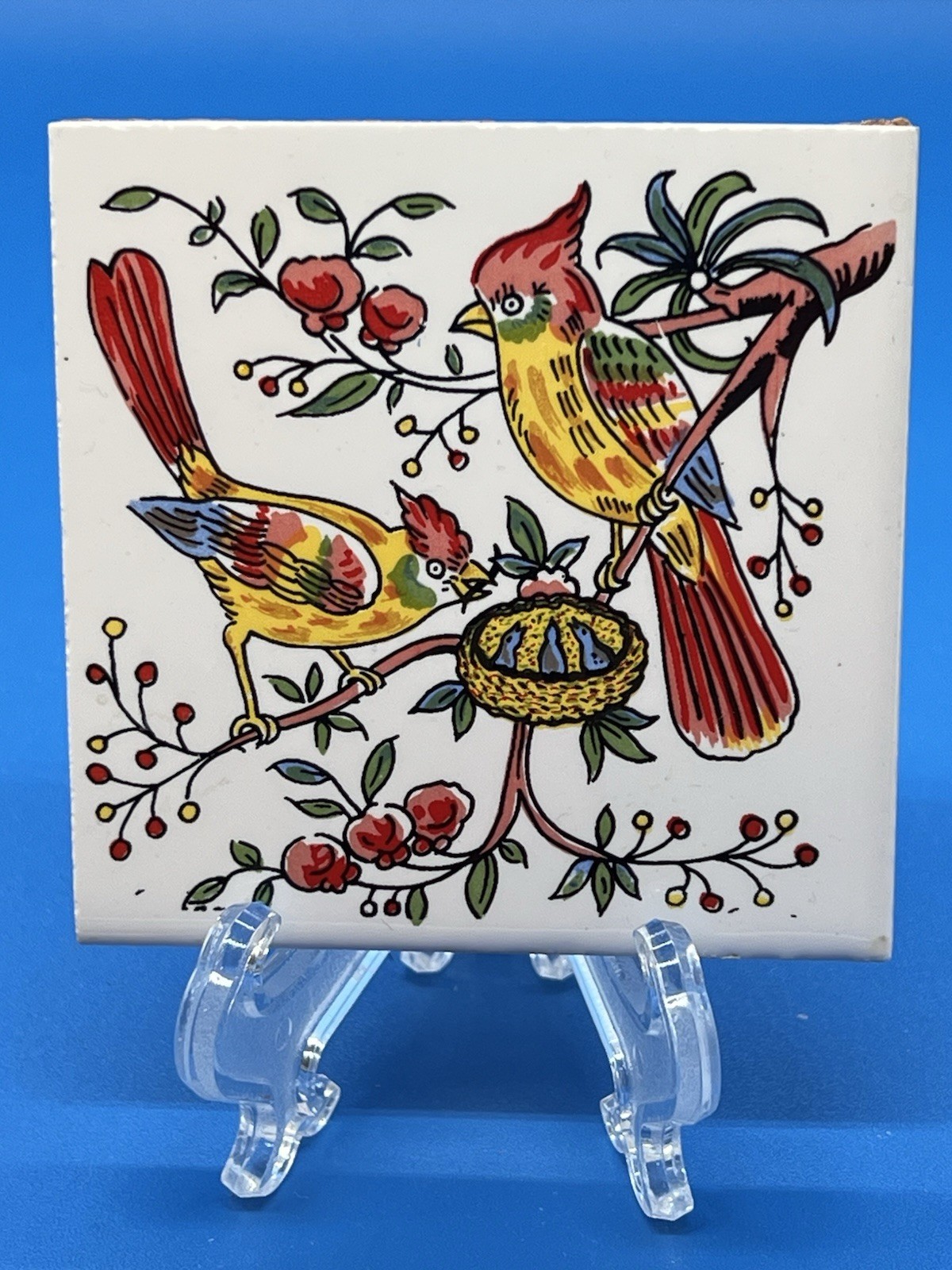 Set Of 3 Colorful Miniature Wall Trivets Birds Floral Israel Souvenirs 3”x3”