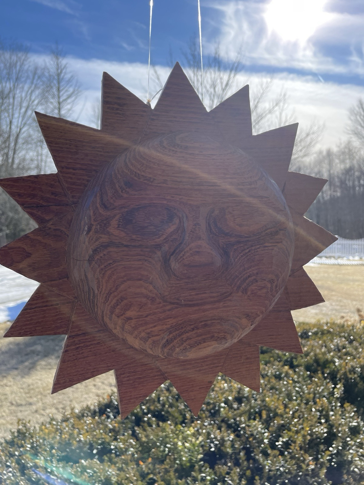 Carved Hard Wood Sun Face 3D Wall Hanging Double Sided Decorative