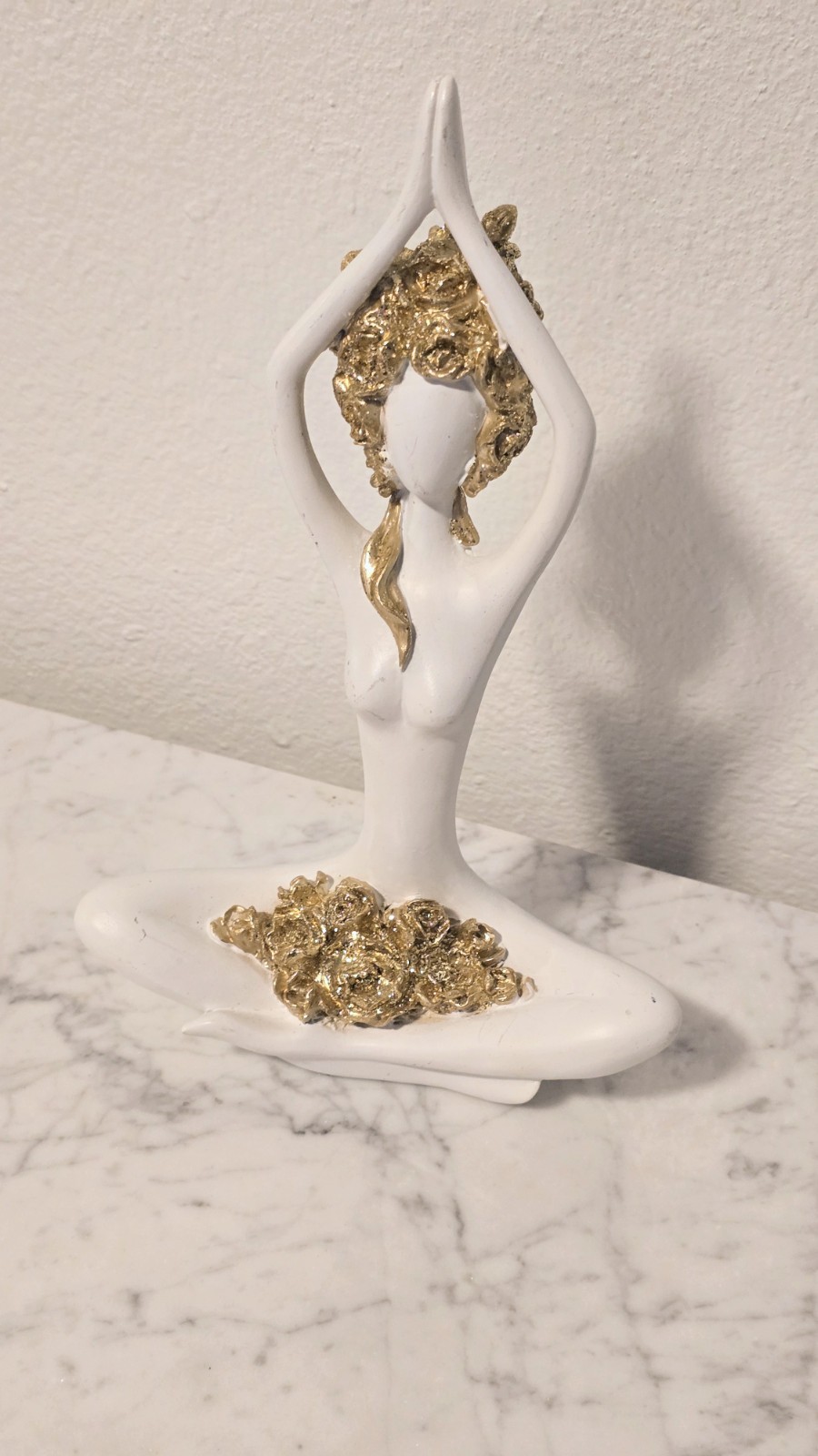 Serene Lady Yoga White Figurine With Hand To The Sky Gold Flowers Meditation