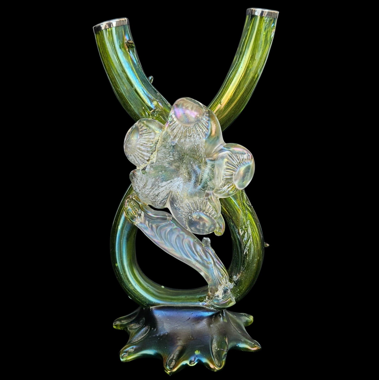 DEFECTIVE Antique Kralik Art Nouveau Iridescent Green Glass Double Thorn G3D