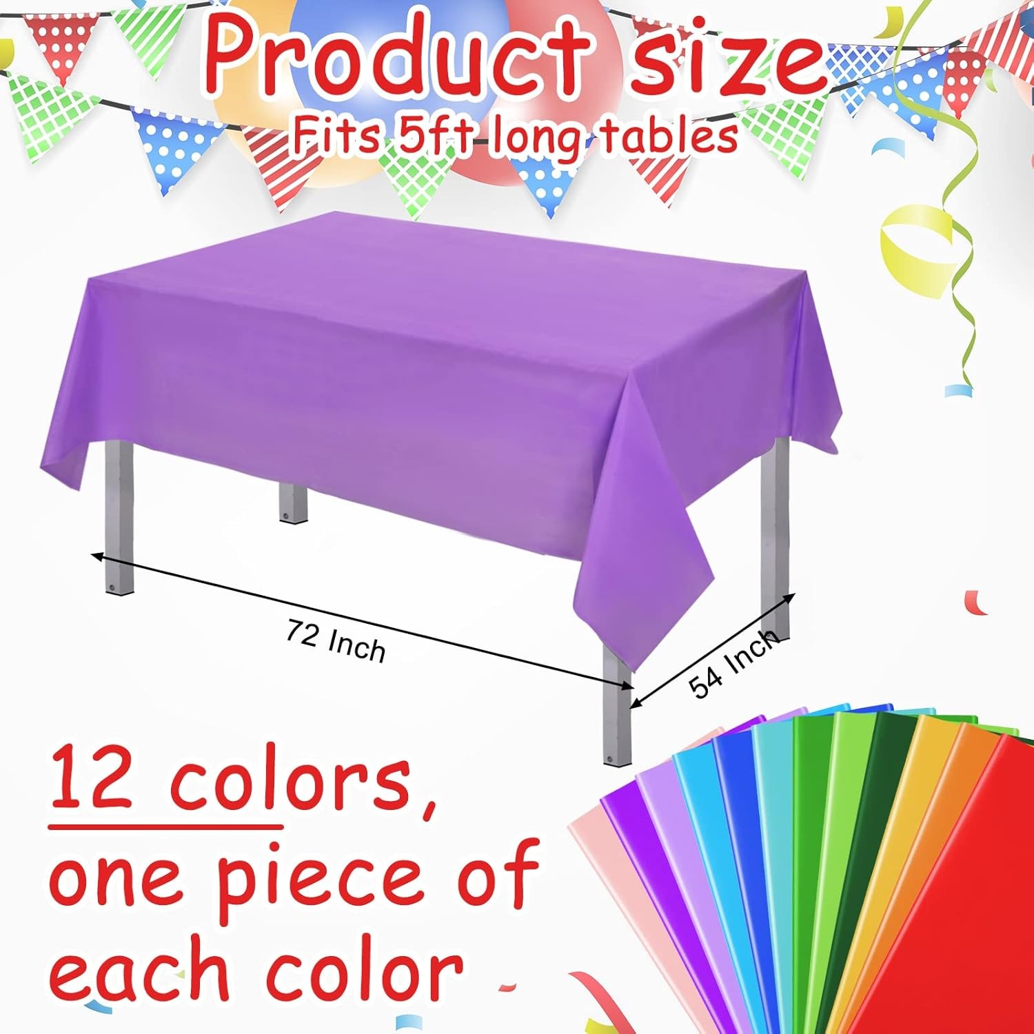 12 Pcs Assorted Color 54 x 72 Inch Plastic Tablecloth Disposable Rectangle Table