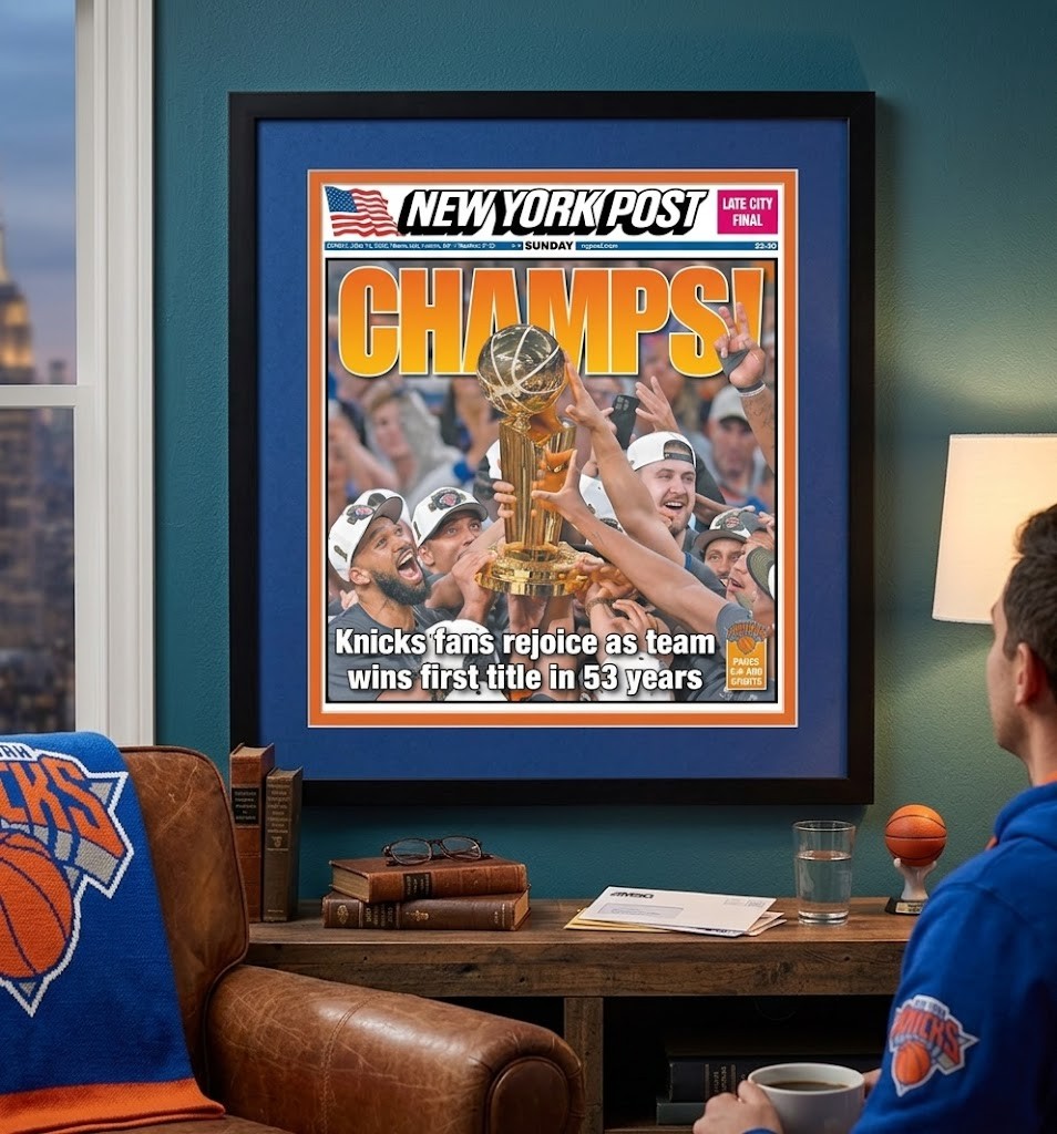 New York Daily News Newspaper Frame, Black Wood, Blue & Orange Mat