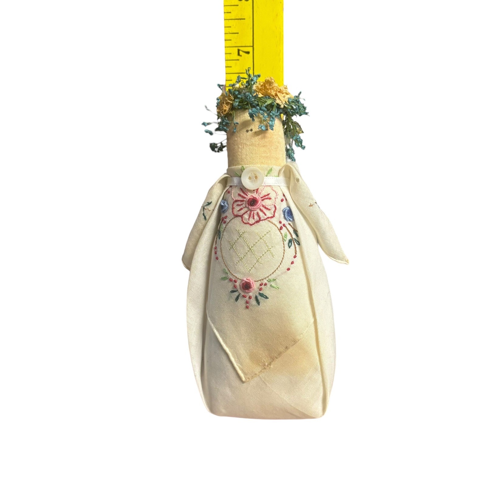 Handmade Primitive Fabric Angel Doll Hand Embroidered Floral Dried Flower Crown