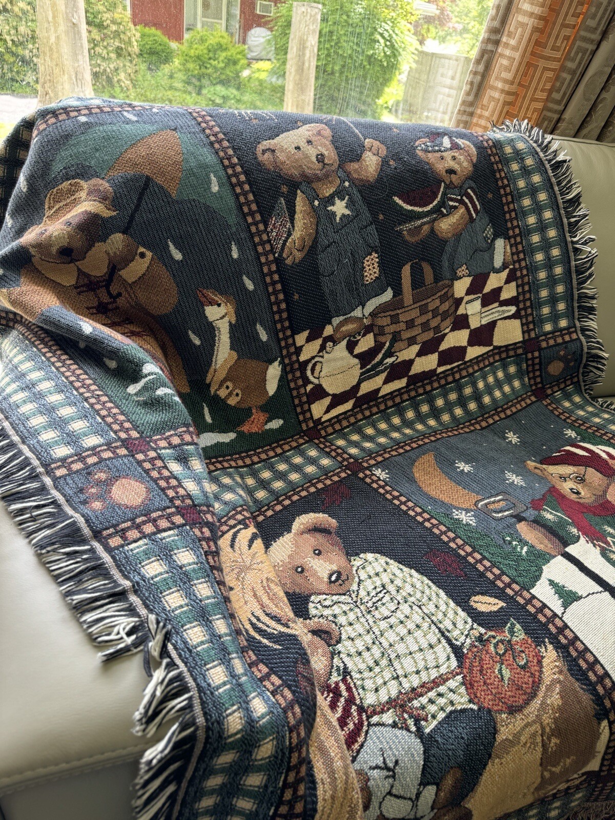 Vintage 90S Teddy Bears Cotten Jacquard Packet Throw Blanket Woven Fringe Retro