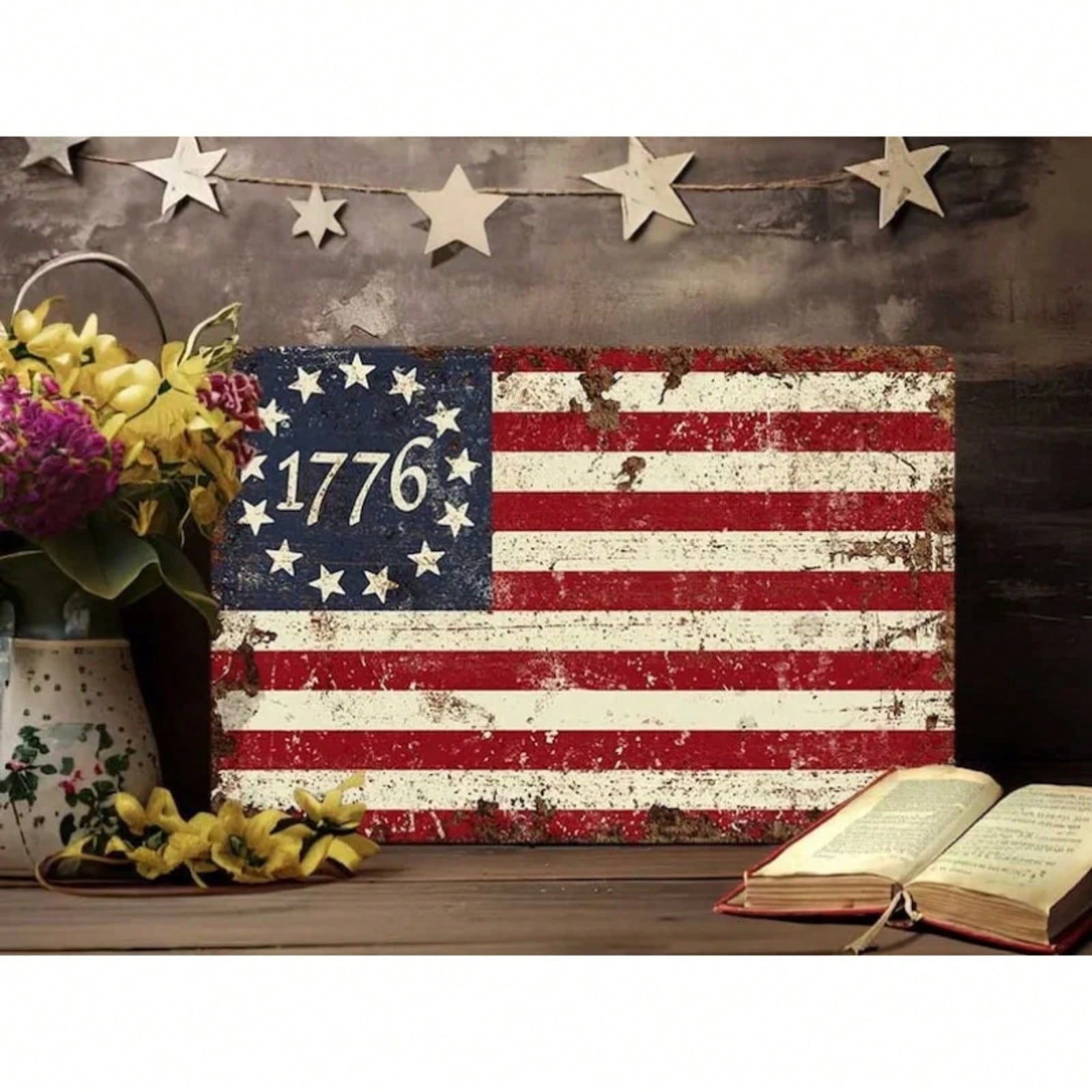 Patriotic 1776 Betsy Ross Tin Sign – Vintage American Revolutionary Metal Art