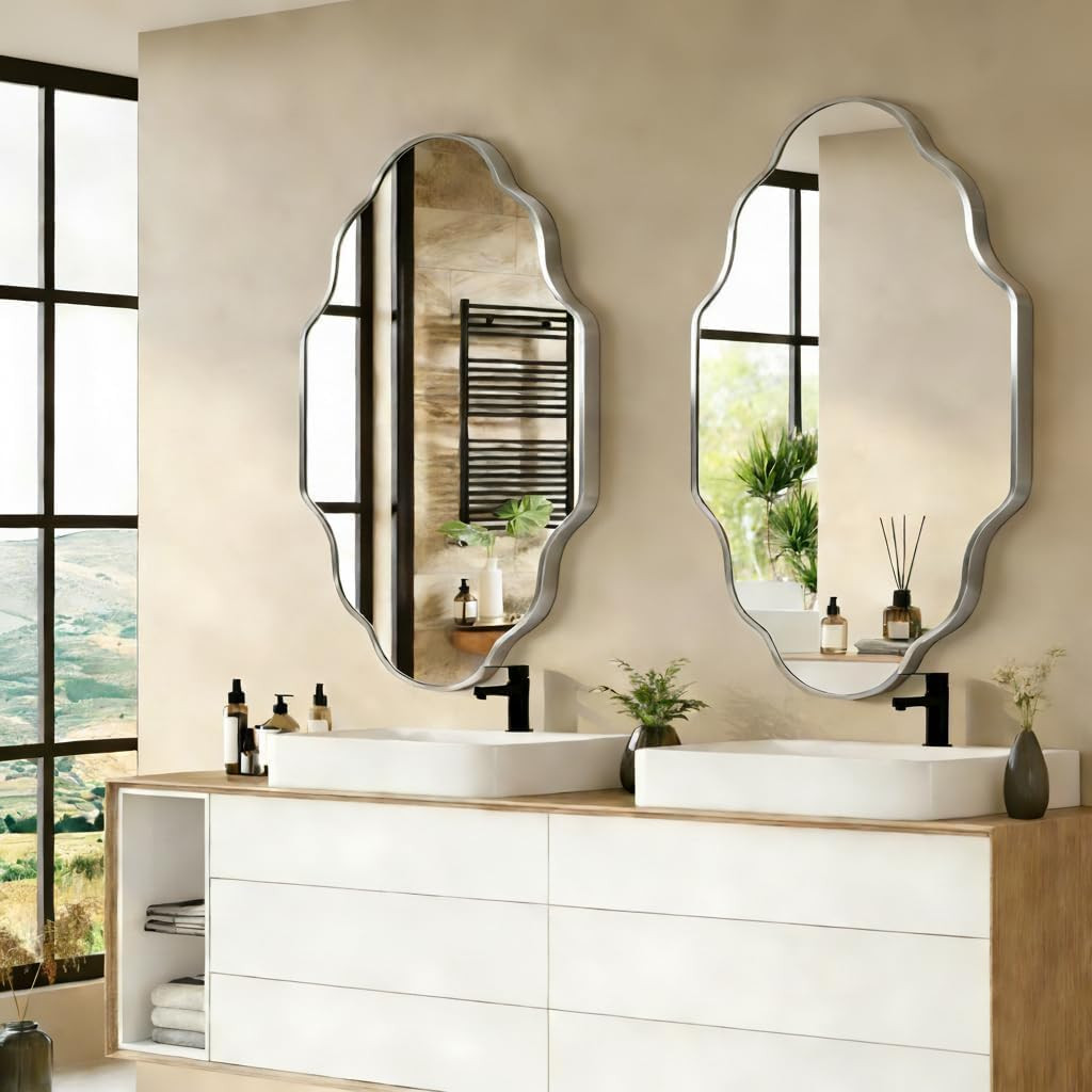 Silver Scalloped Bathroom Mirror, Irregular Wall Mirror with Brushed Metal Frame