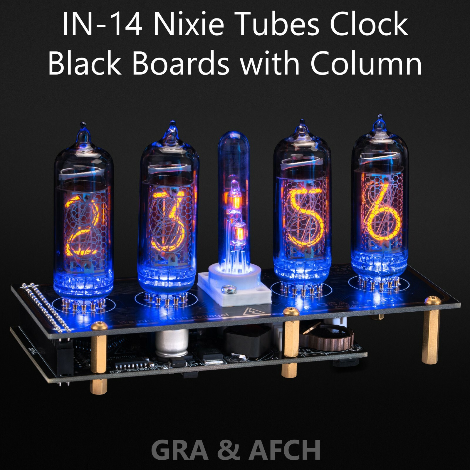 Nixie Tubes Clock IN-14 with Column and Sockets 12/24H 4 Tubes GOLDBLACK BOARDS