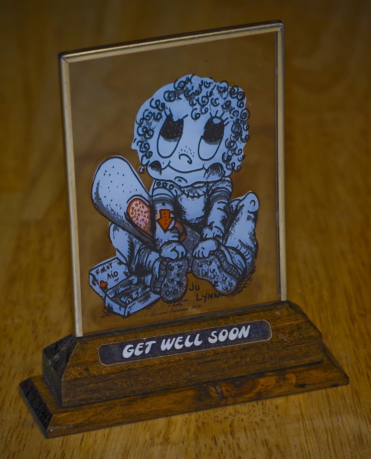 VINTAGE Leonard Creations Get Well Soon Plaque Wood and Glass 1976