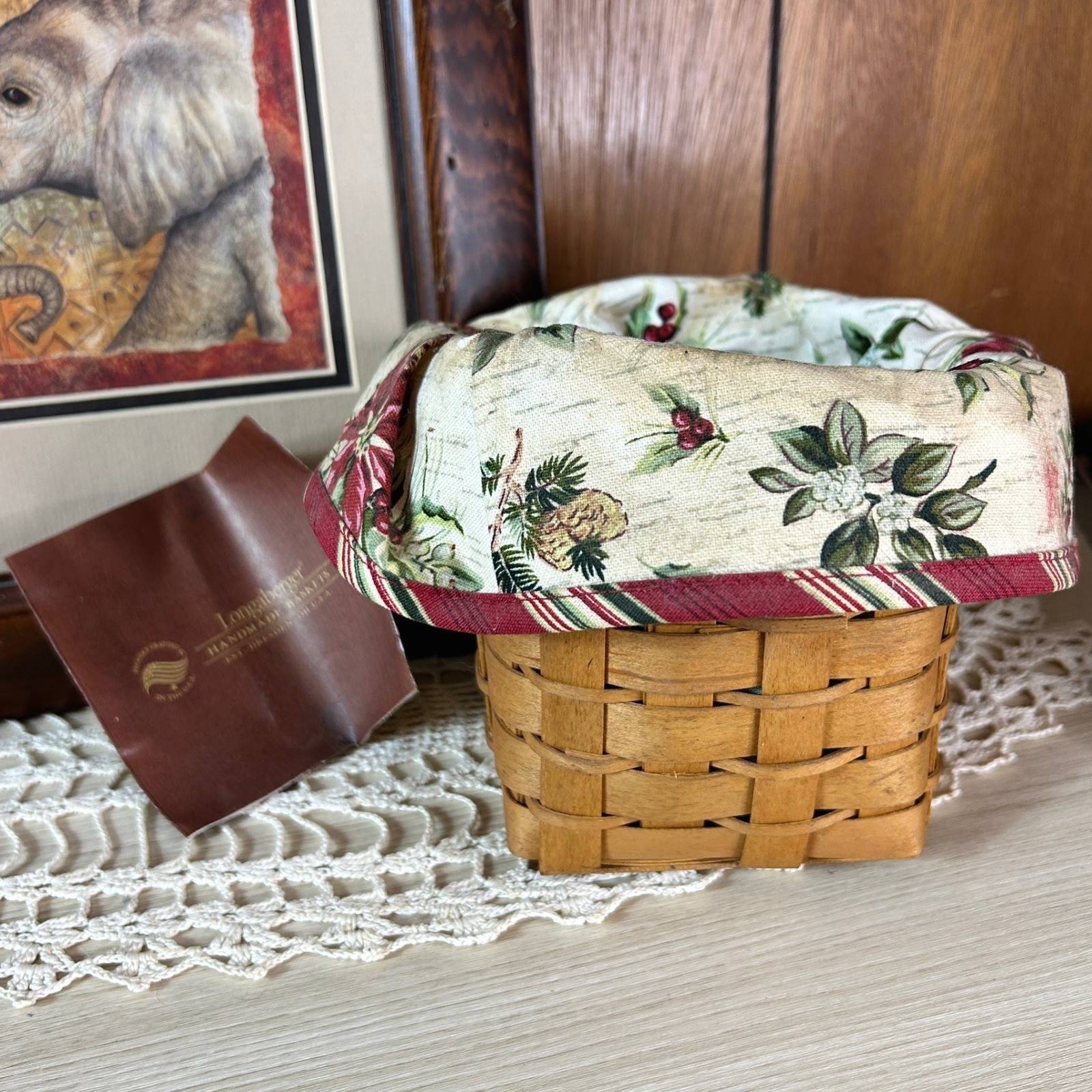Vintage Longaberger Christmas Woven Basket Liner Fabric Poinsettia Pine Cones