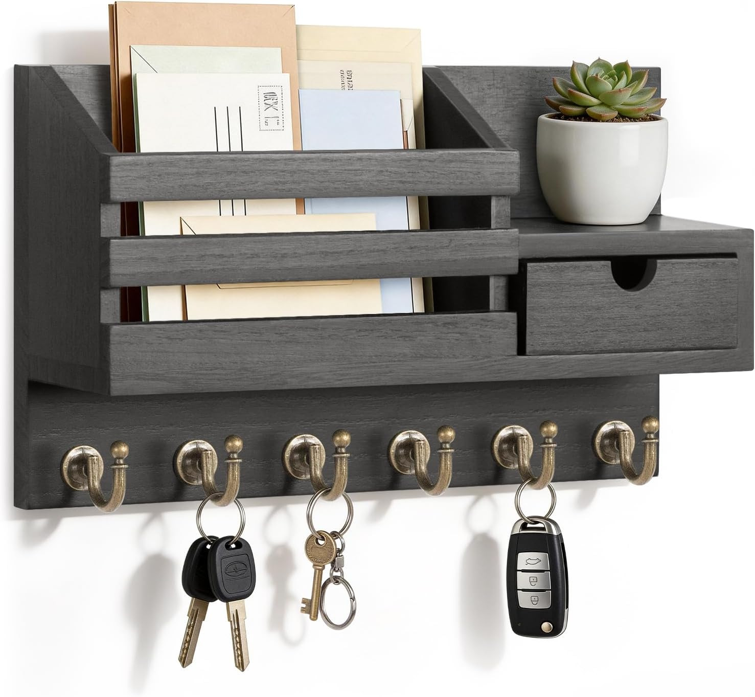 Key and Mail Holder for Wall, Mail Organizer Wall Mount with 6 Hooks and Storage