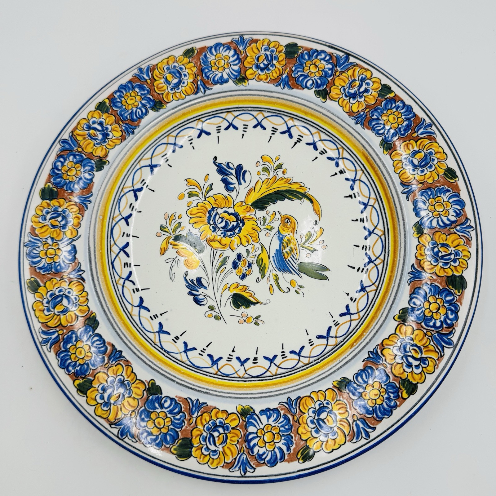 VTG Spanish Faience Hand Painted Bird Floral Wall Plate Toledo Spain 11 Ceramic
