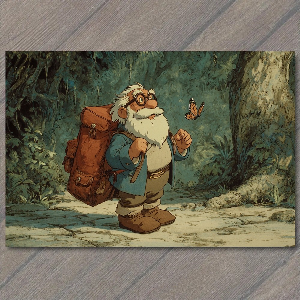 Art Print Whimsical Bearded Explorer Backpack Forest Trail Butterfly Storybook