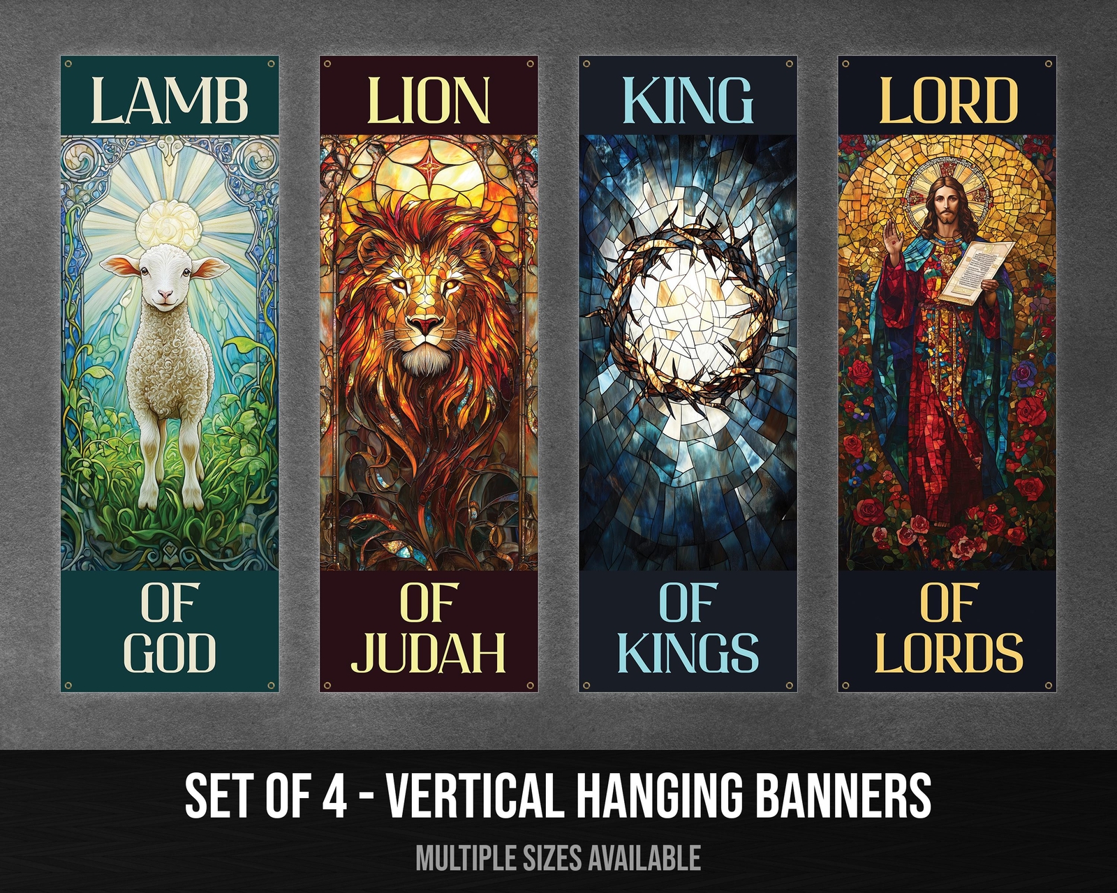 Christian Wall Art Banners – Set of 4 Inspirational Decor Lamb Lion King Lord