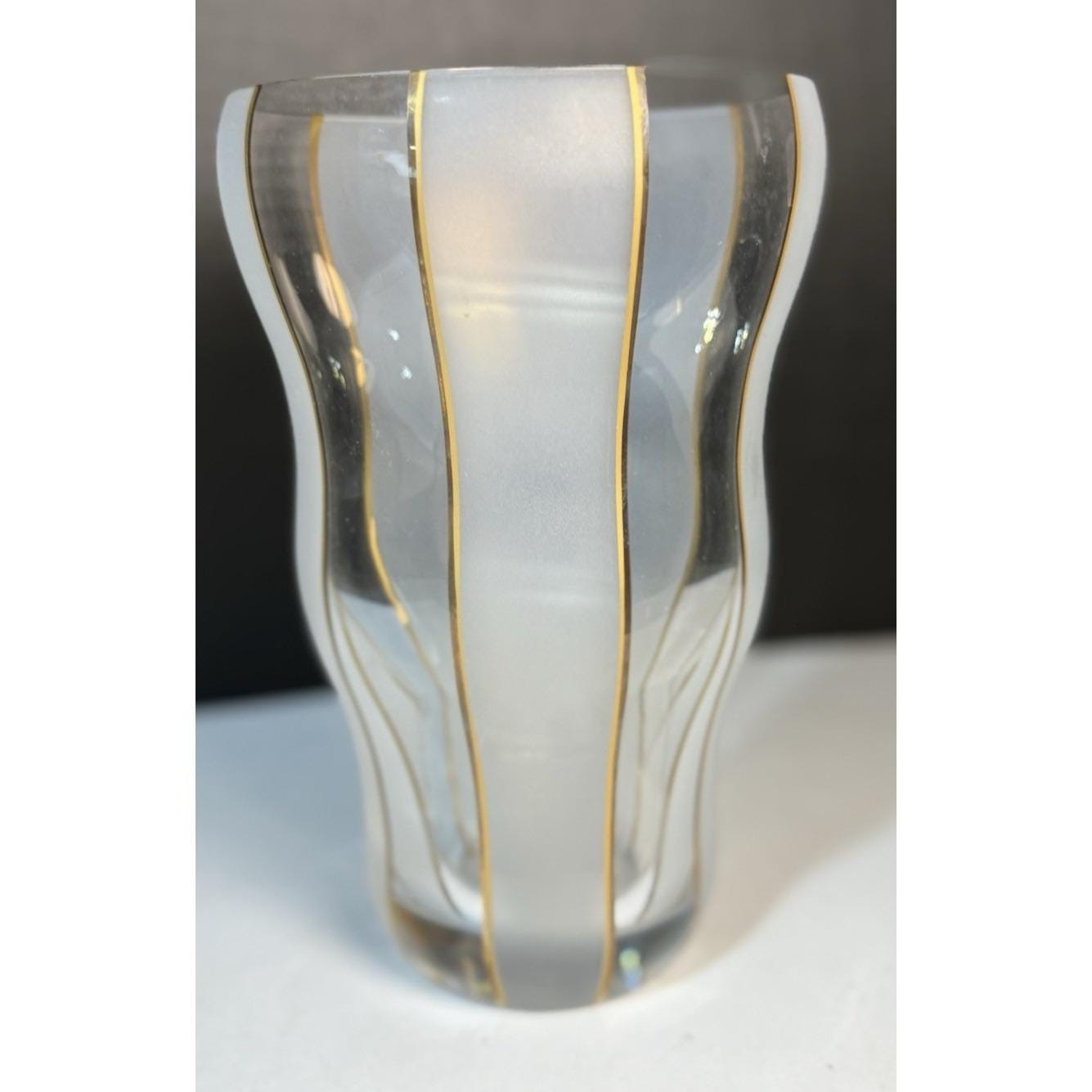 Clear and Etched with Gold Stripe Made in Czech Republic vase 7.75″ H