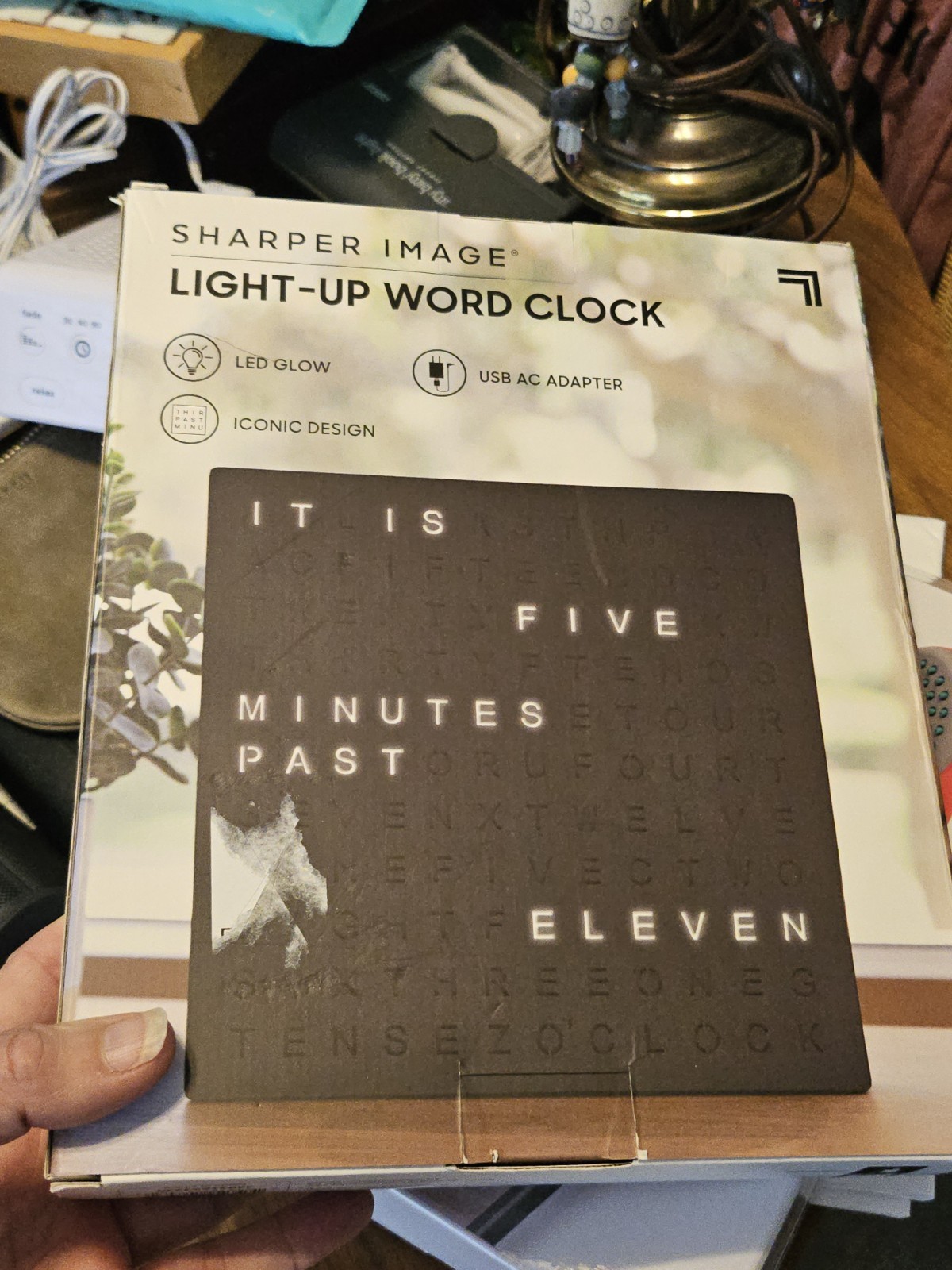 New In Box Sharper Image® LED Light-up Word Clock, 7.75″, Electronic Desk Clock