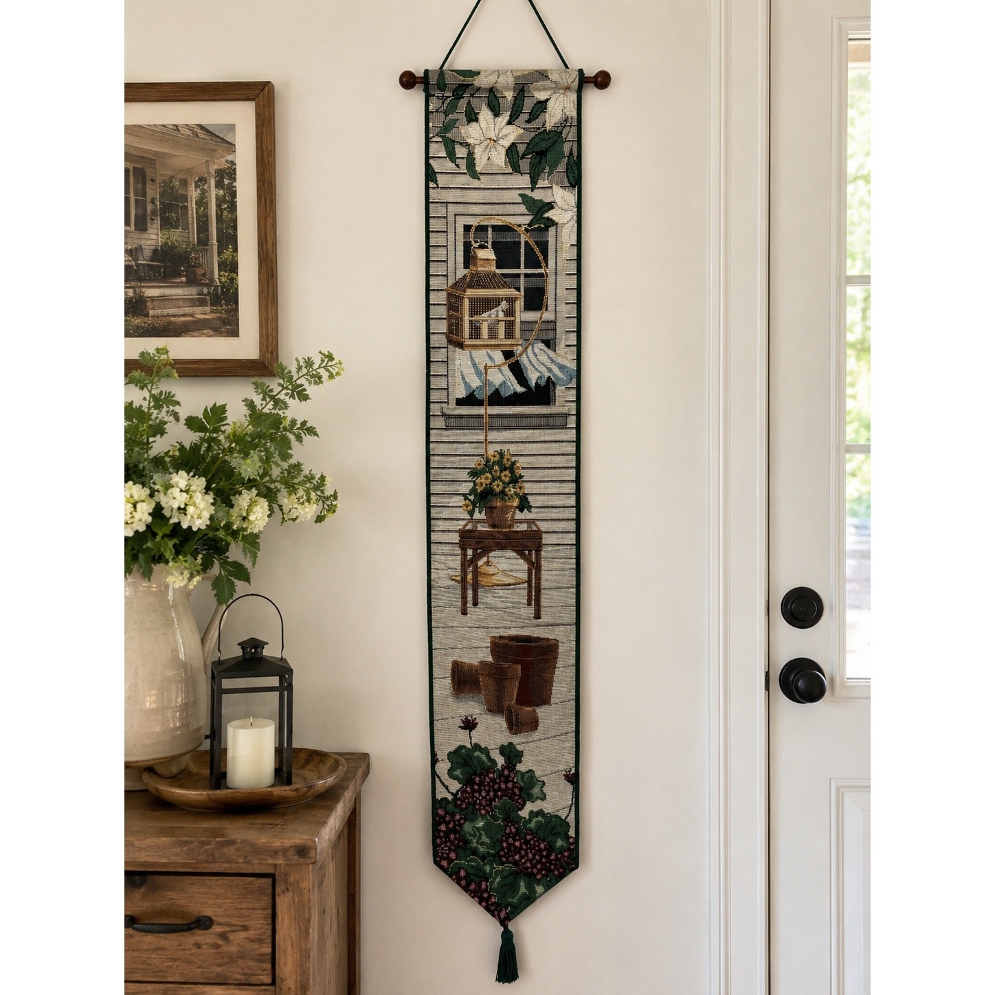 Woven Tapestry Wall Hanging Front Porch Serenade Bell Pull Floral Cottage 40 In