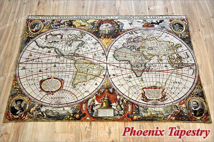 Antique Map Tapestry Wall Hanging Jacquard Weave Gobelin Medieval 100% Cotton