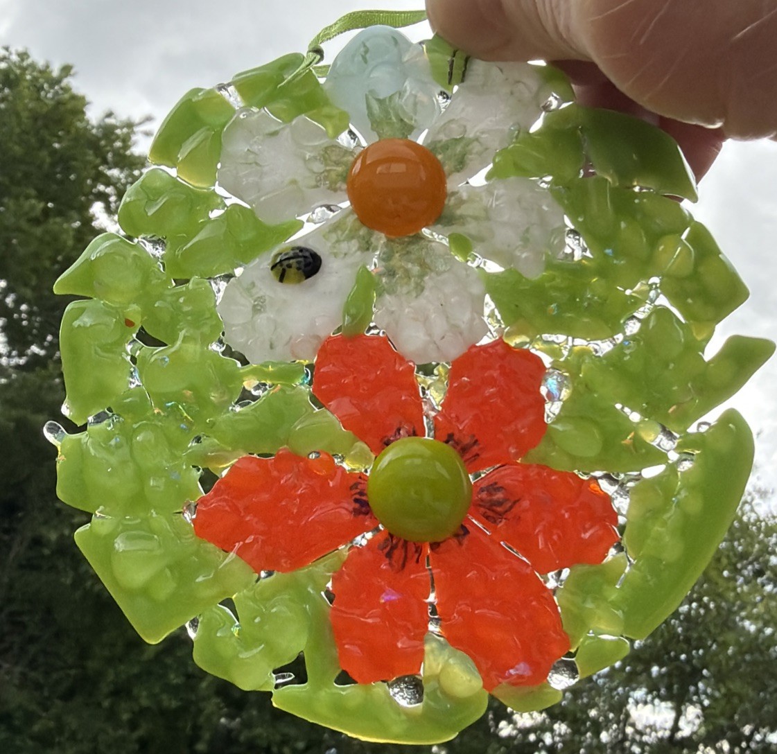 Fused Glass Handmade Round Multicolor Flower Sun Catcher Signed By Artist