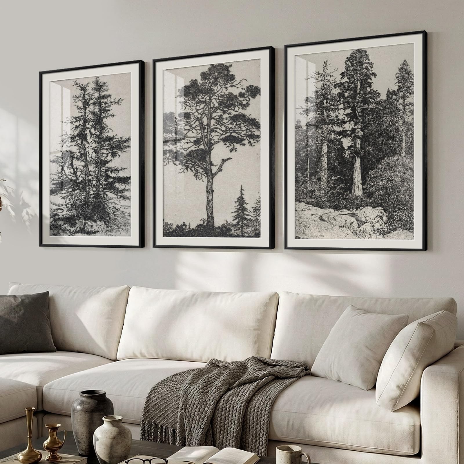 Large Framed Vintage 3 Piece Wall Art for Living Room, Black and White Tree A…