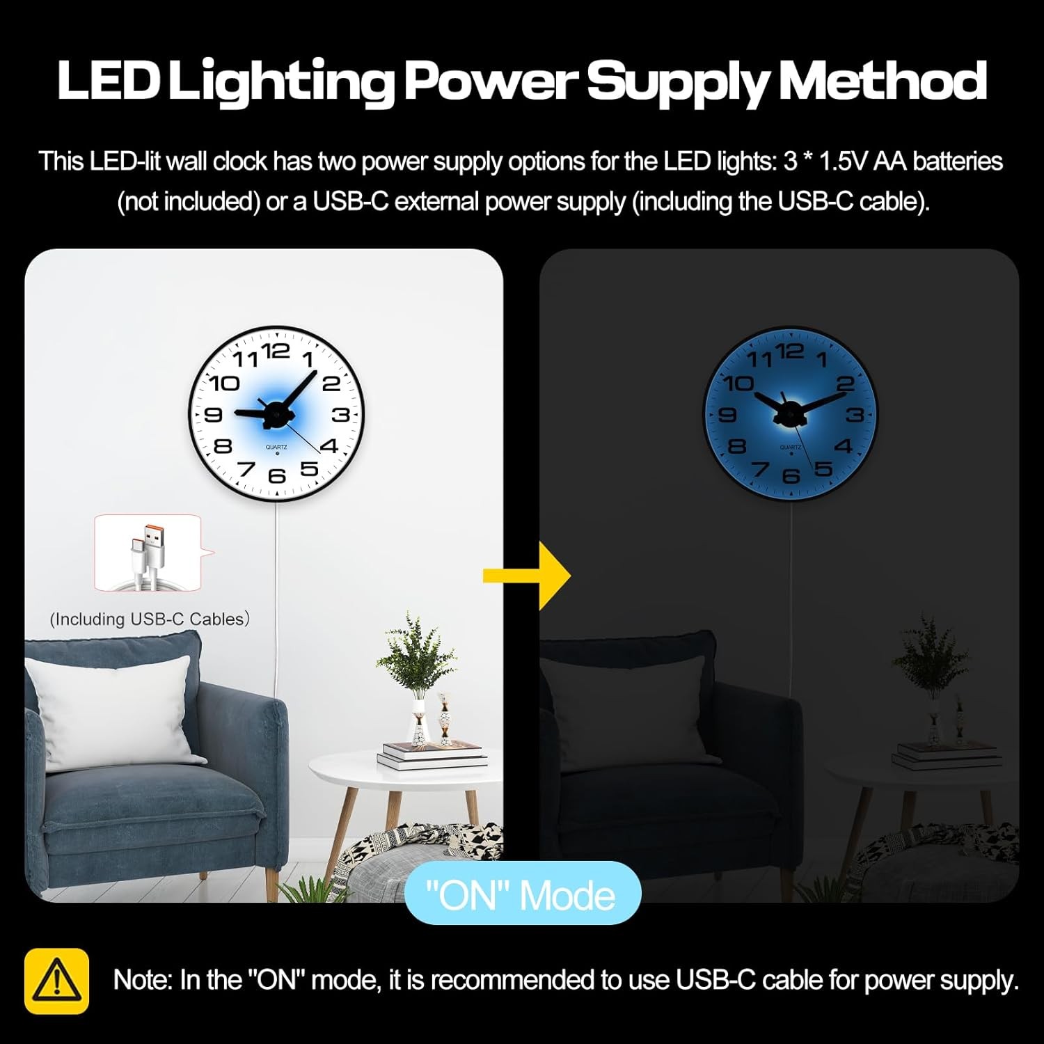 Night Light Wall Clocks Battery Operated, 8 Inch Silent Wall Clock for Bedroom N