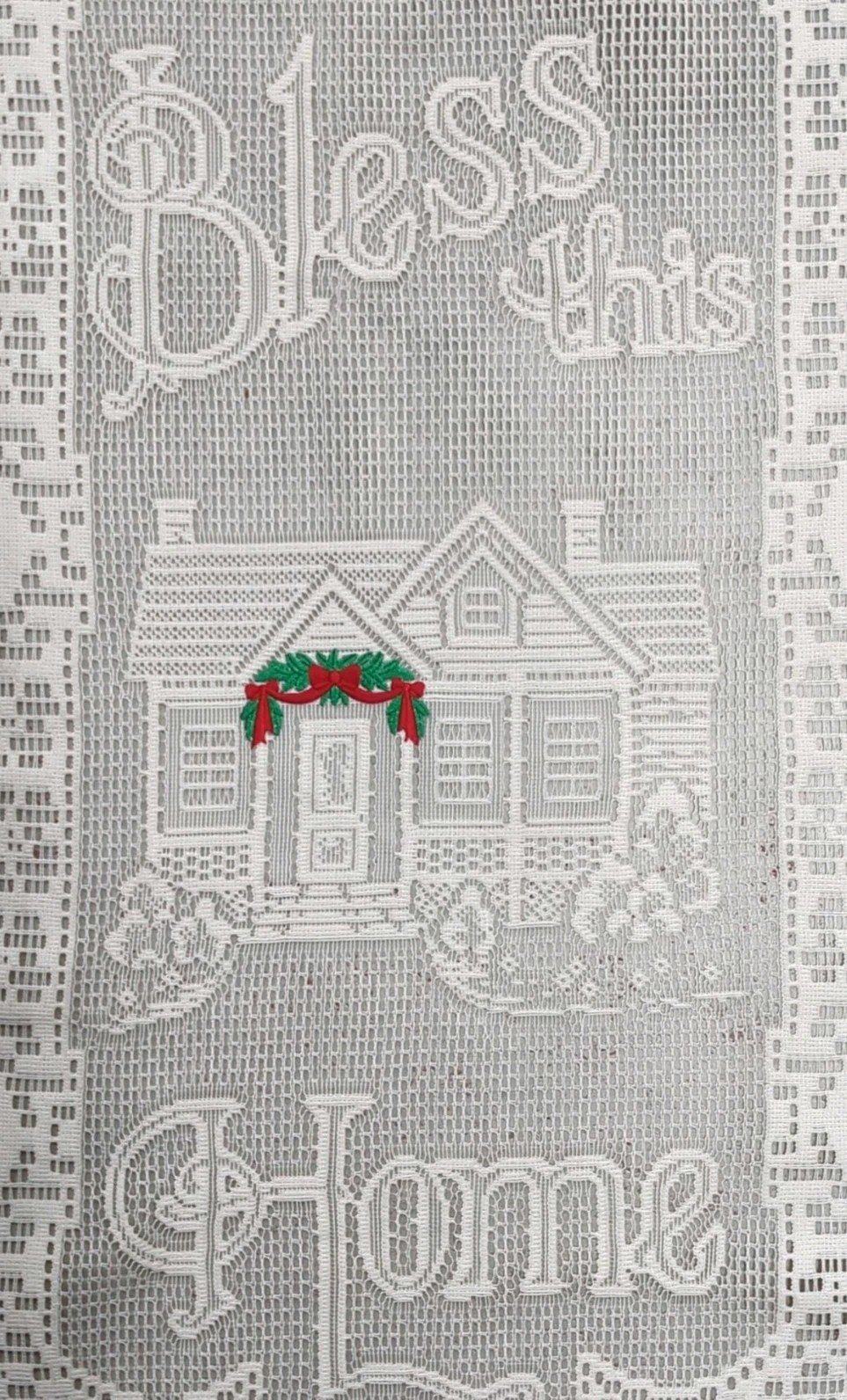 Lace Wall Hanging Bless This Home 29 in X 13 in Ecru Embroidered Garland Vintage