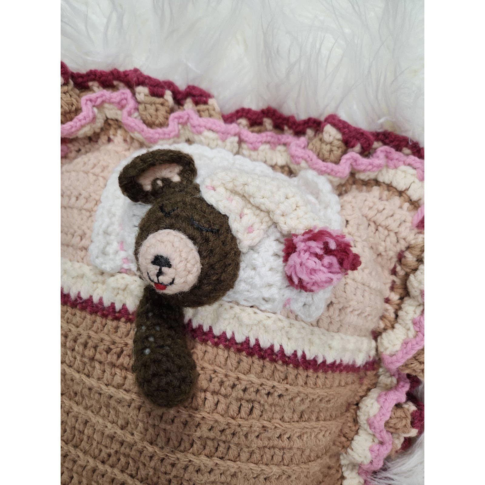 Handmade Crochet Ruffle Pillow 12×12 Cottagecore Bear Accent