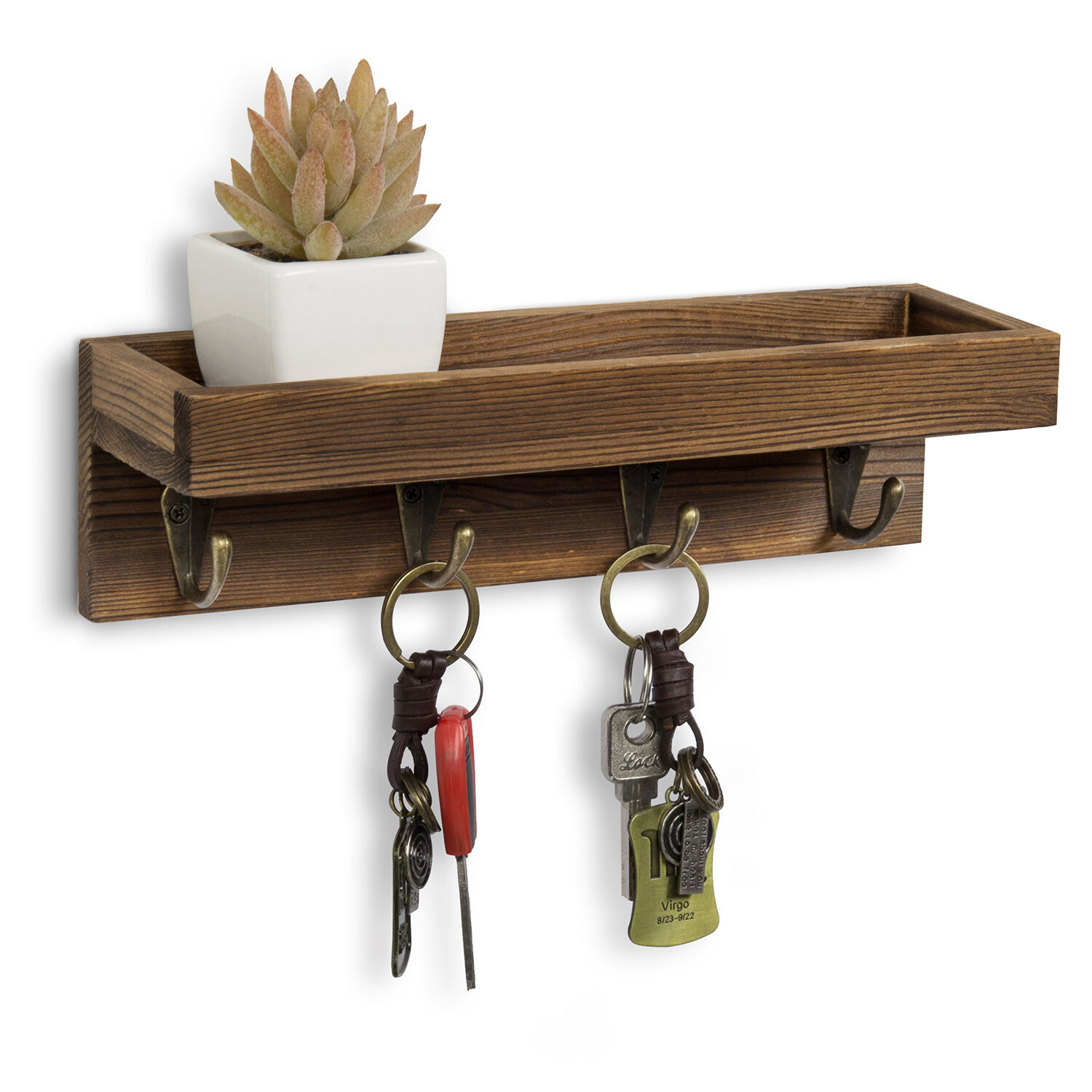 MyGift Dark Brown Wood Entryway Hanging Storage Shelf with 4 Metal Key Hooks