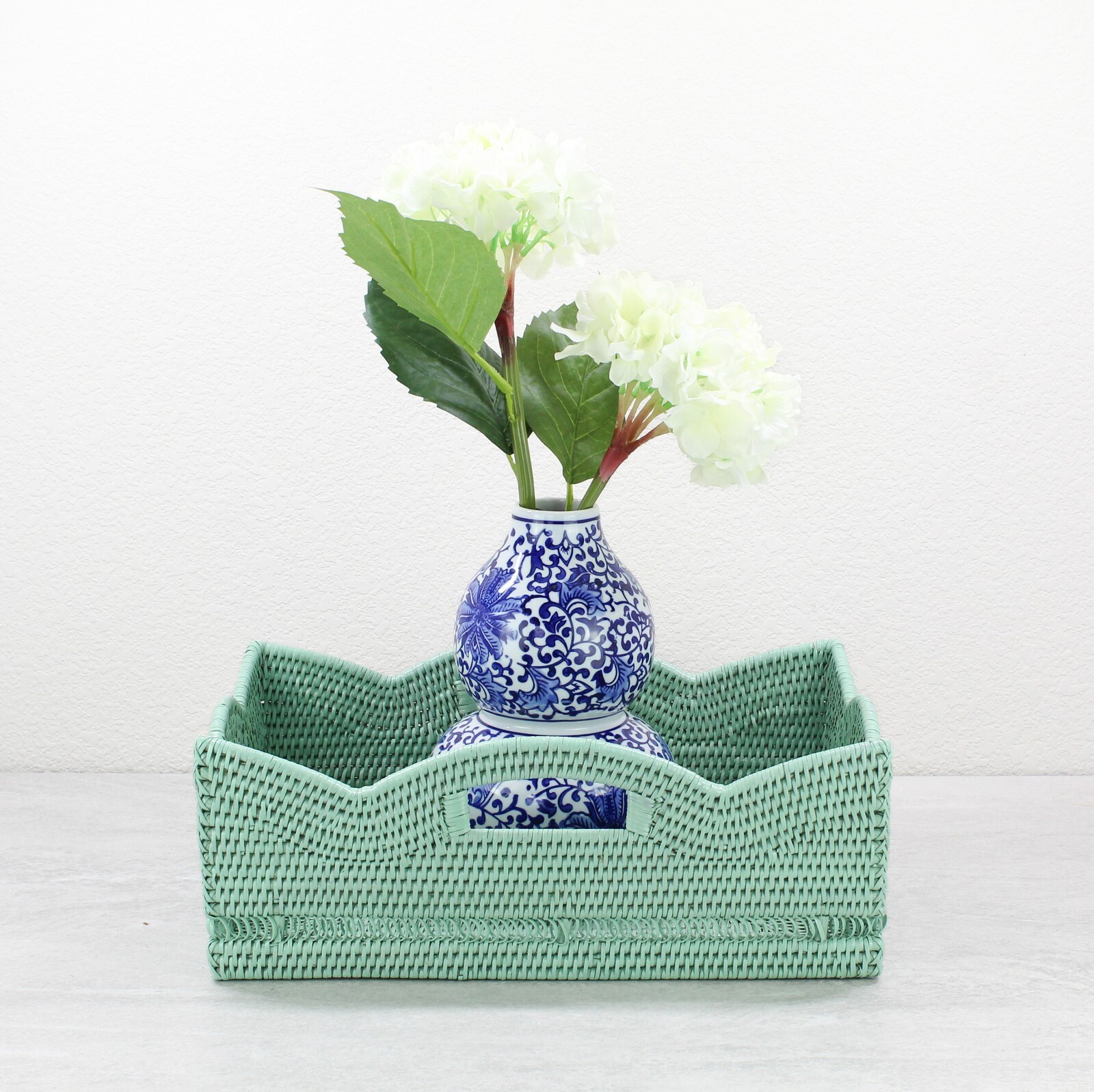 Tight Woven Scalloped Rattan Coffee Table Tray with Handles, Luxury Home Decor