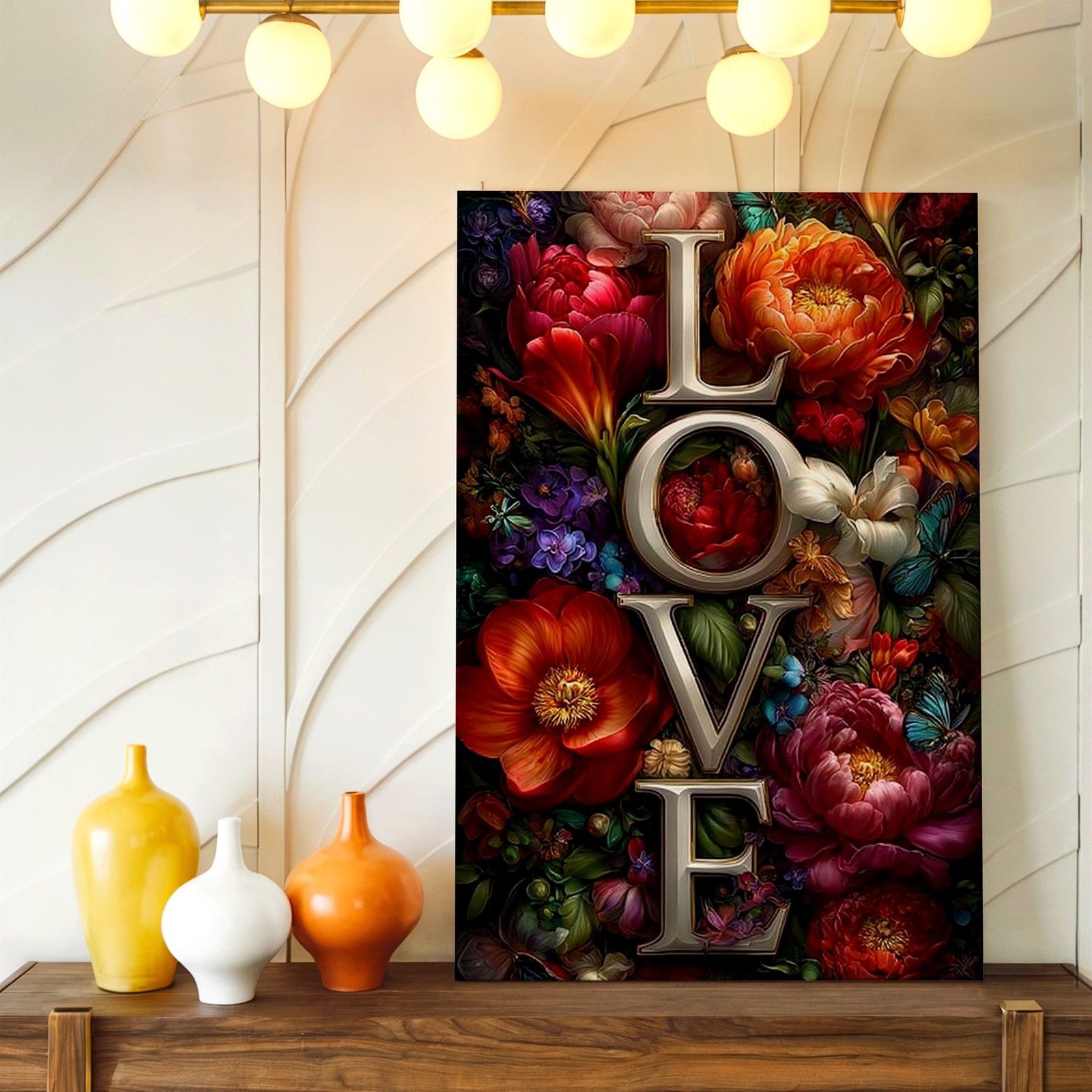 Wall Art Floral LOVE Letter Print Romantic Flower Butterfly Vertical Home Decor