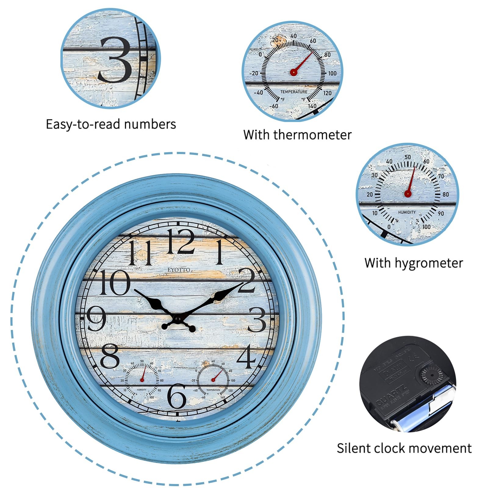 18-Inch Large Indoor/Outdoor Waterproof Wall Clock with Thermometer & Hygrome…